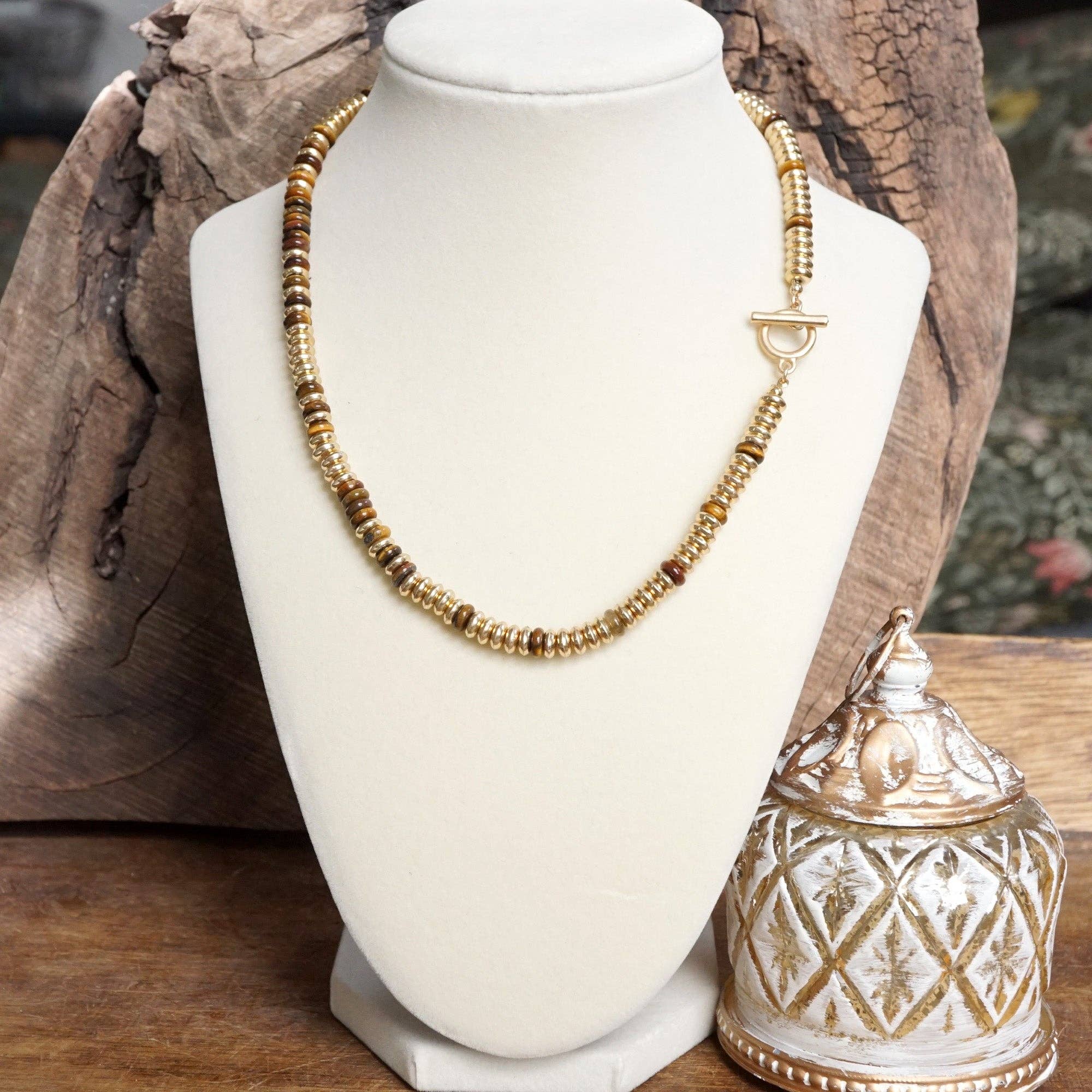 Beaded Toggle Necklace – Natural Stone & Gold-Tone Rondelle Beads