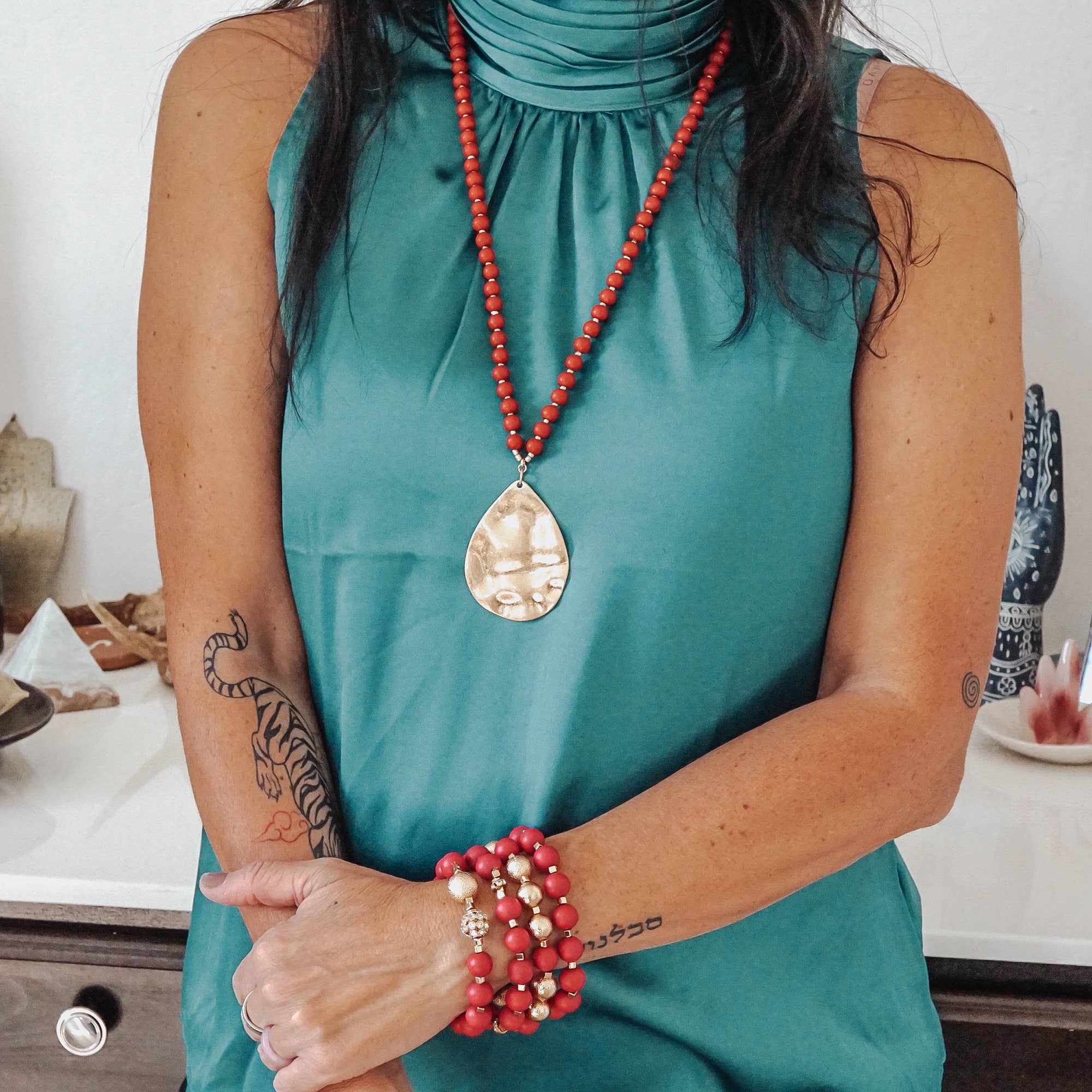 Long Wooden Bead Necklace with gold teardrop-Olive Green