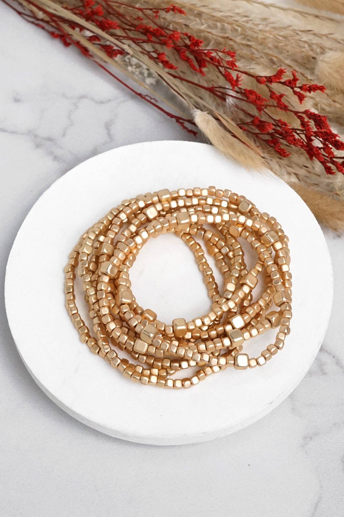 Beaded Bracelet Set Cube Beads Gold Tone