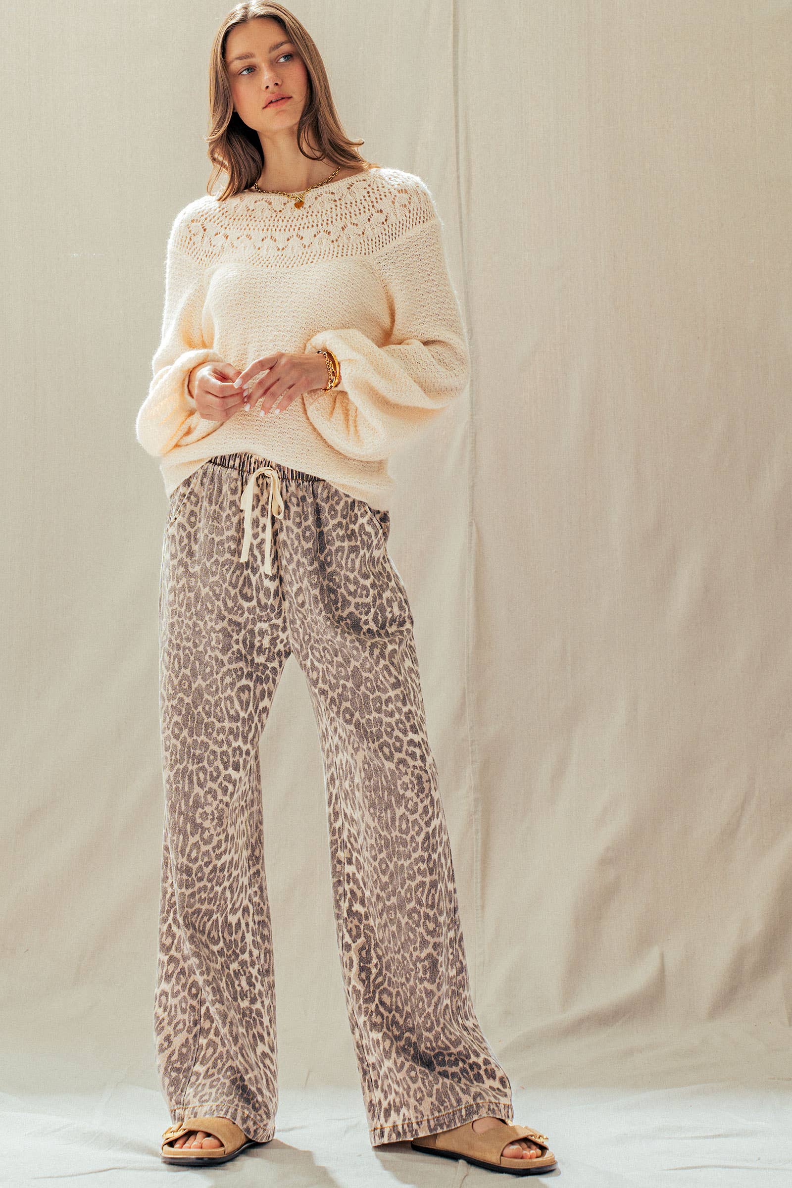 Leopard Print Wide Leg Cotton Pants