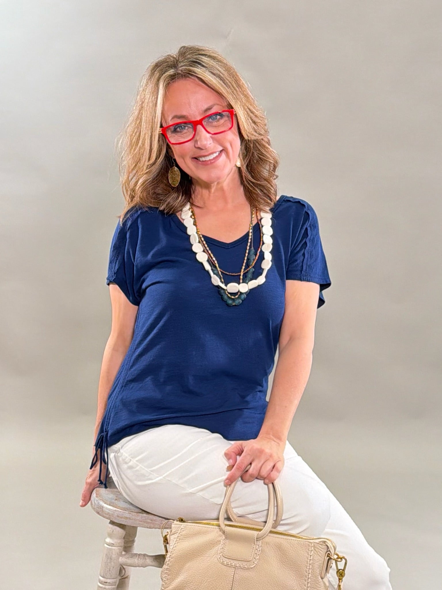 Essential Navy V-Neck with Tie Detail