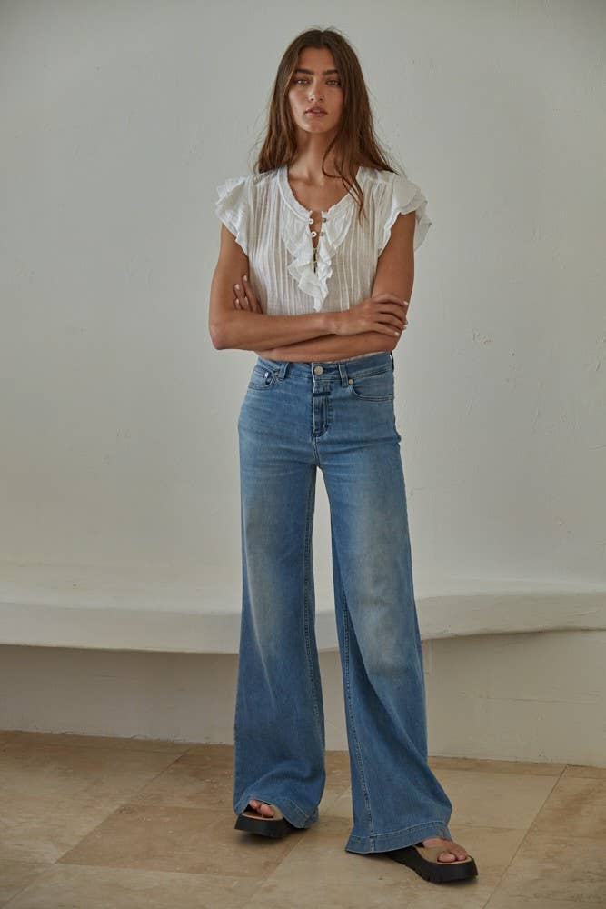 Woven Cotton Linen Button V-Neck Short Sleeve Top