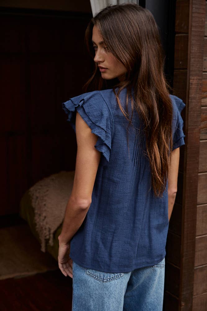 Woven Cotton Linen Button V-Neck Short Sleeve Top