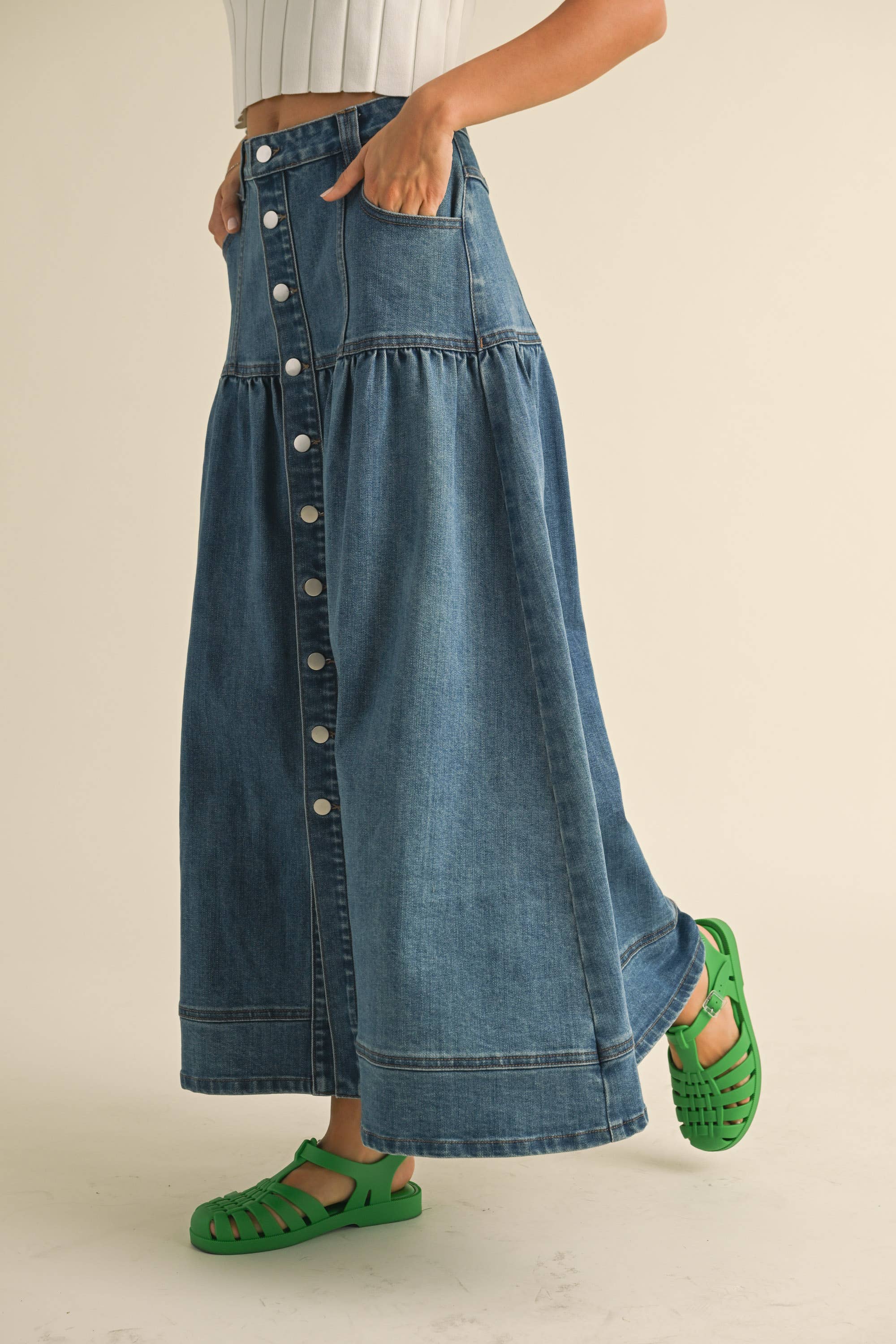 Button Down Bohemian Denim Skirt