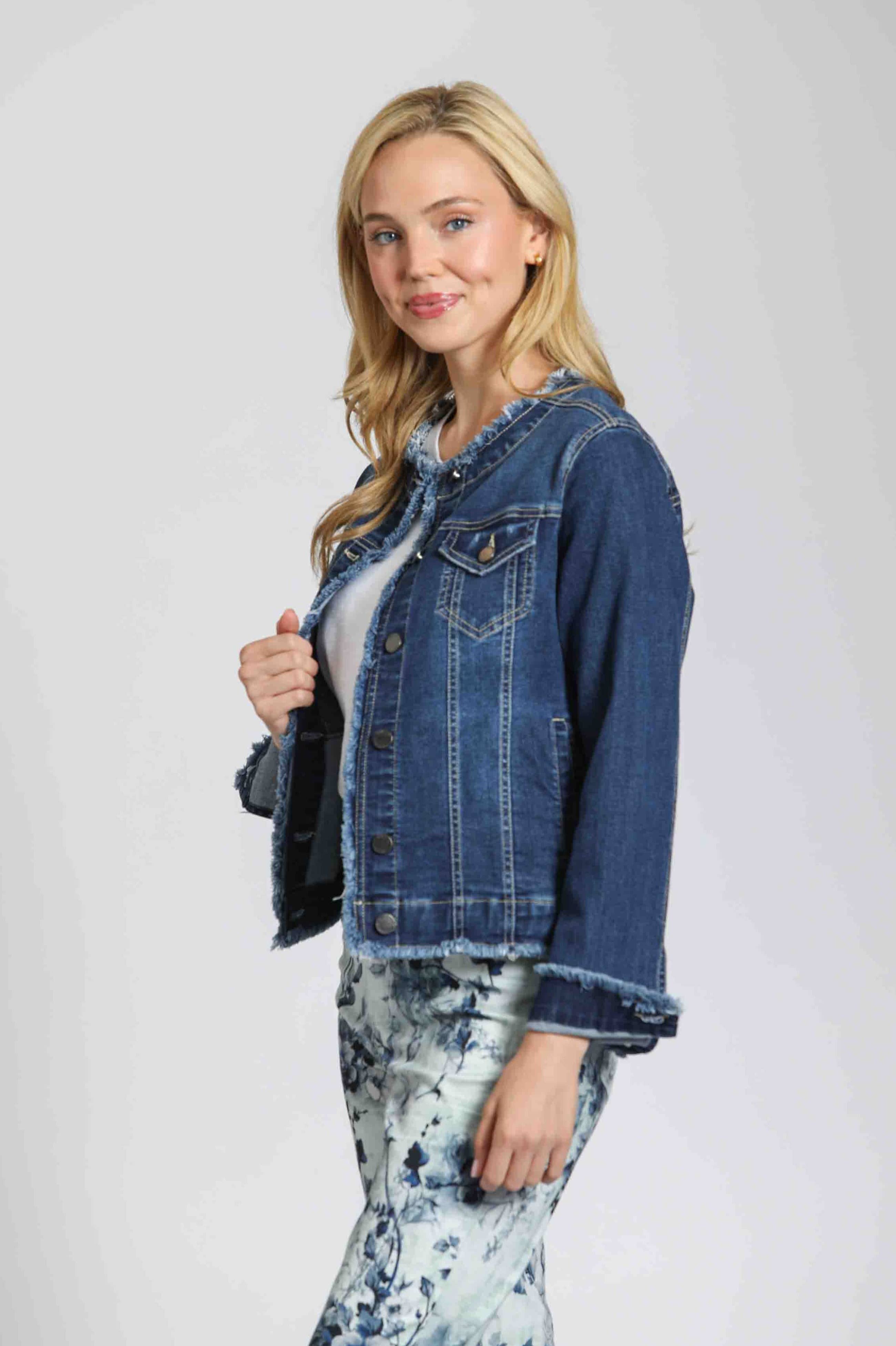 Collarless Jean Jacket With Frayed Detail