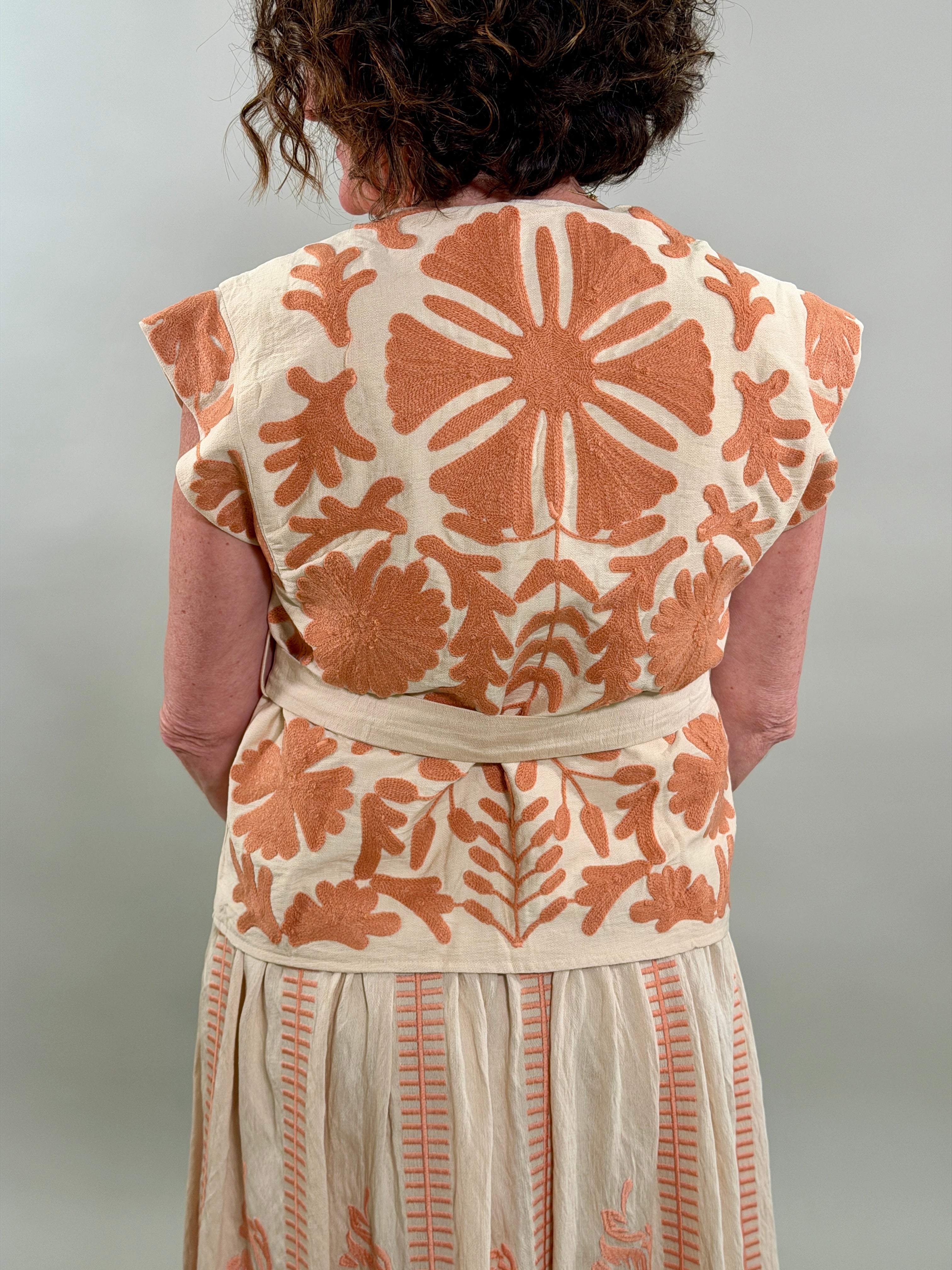 Coral Embroidered Vest with Belt