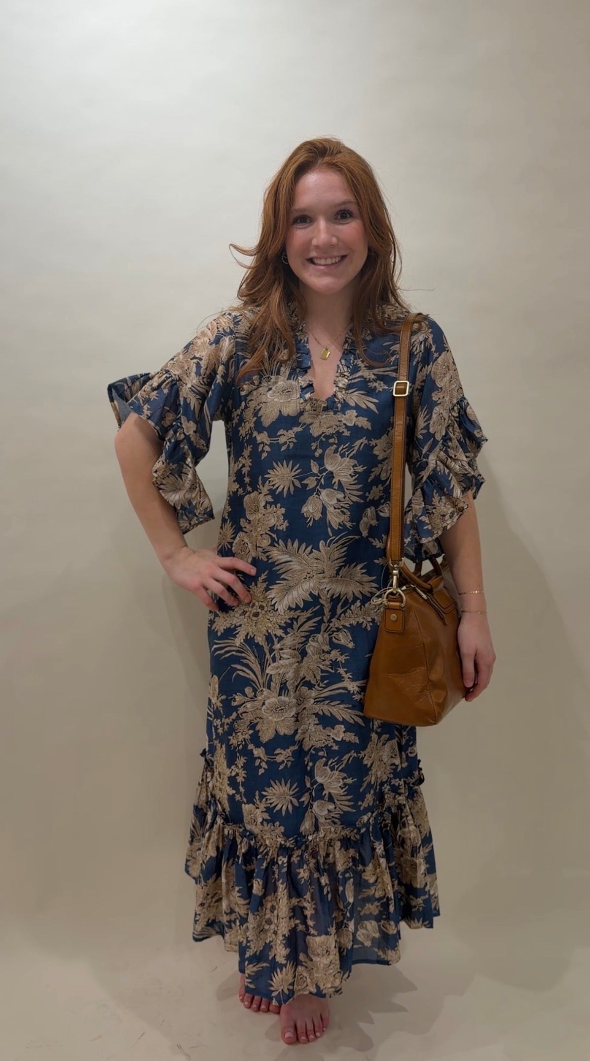 Toile Print Ruffled Cotton Caftan Mini