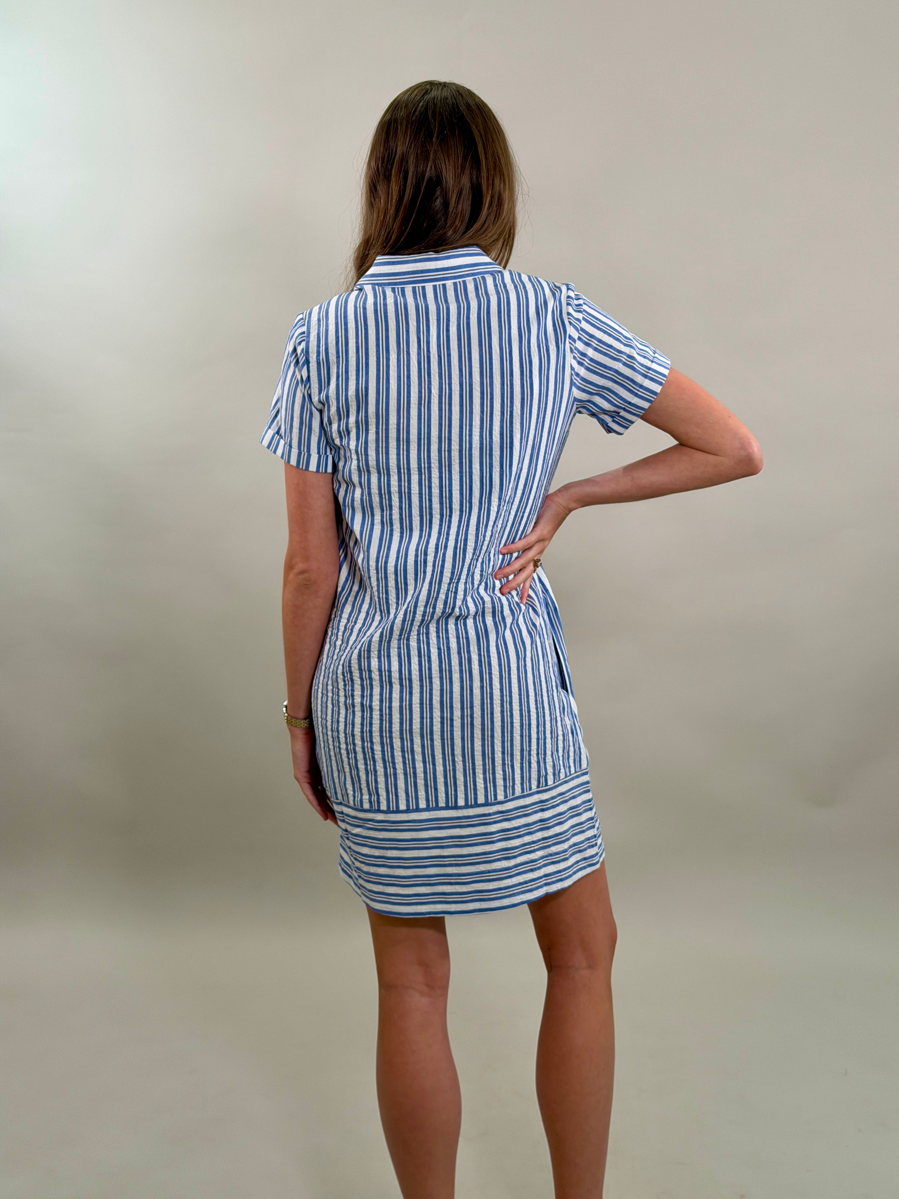 Rear view of a woman wearing a blue and white striped dress against a plain background