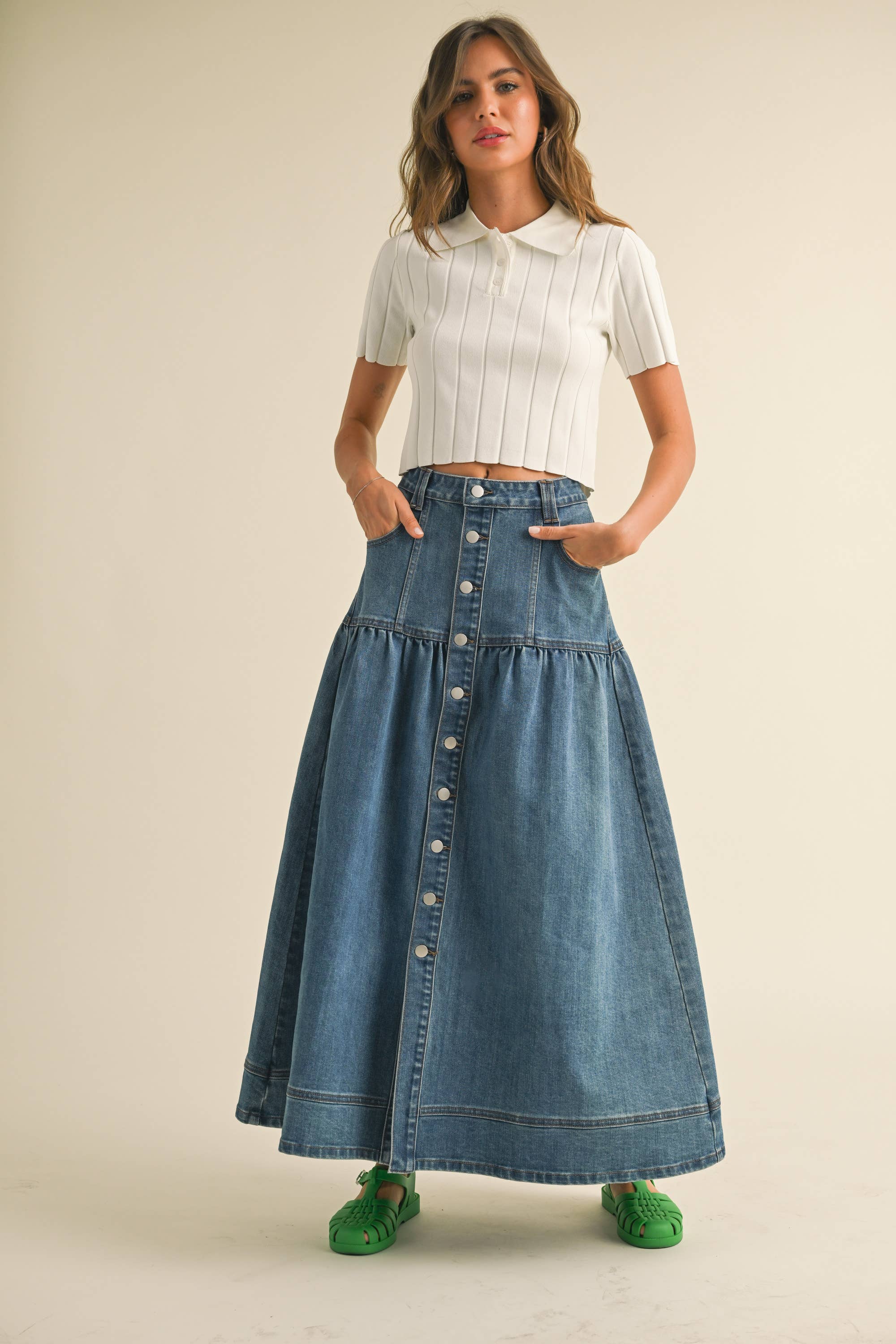 Button Down Bohemian Denim Skirt