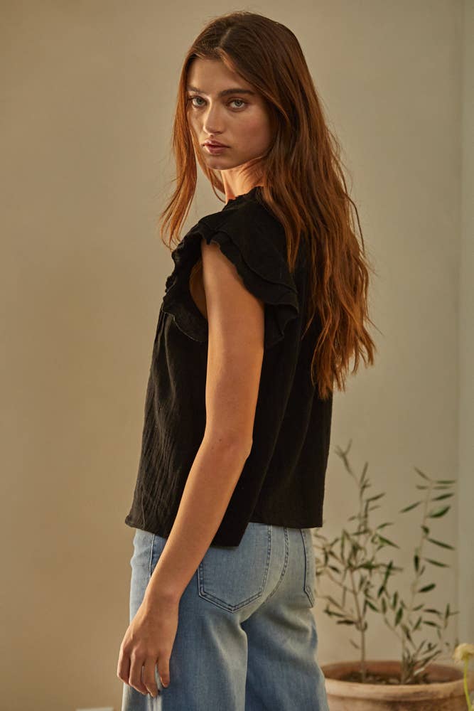 Woven Cotton Linen Button V-Neck Short Sleeve Top