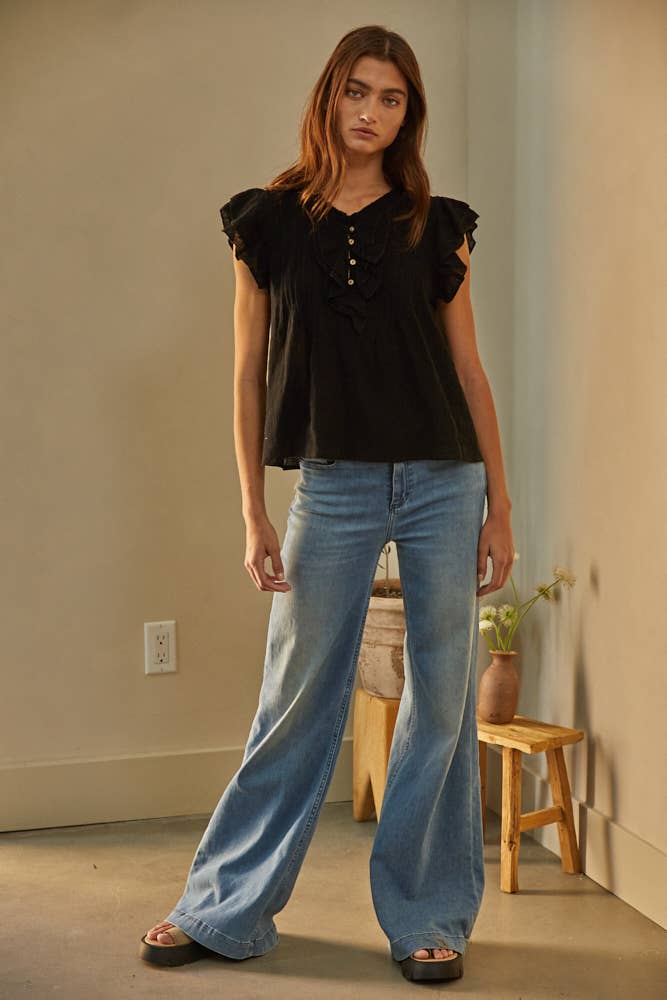 Woven Cotton Linen Button V-Neck Short Sleeve Top