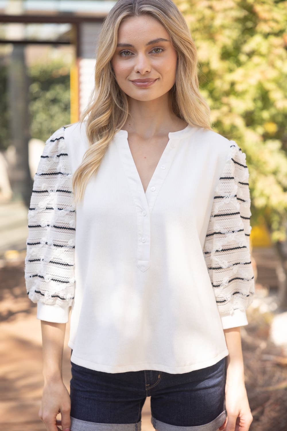Puff Striped Diamond Tull Detailed Knit Top