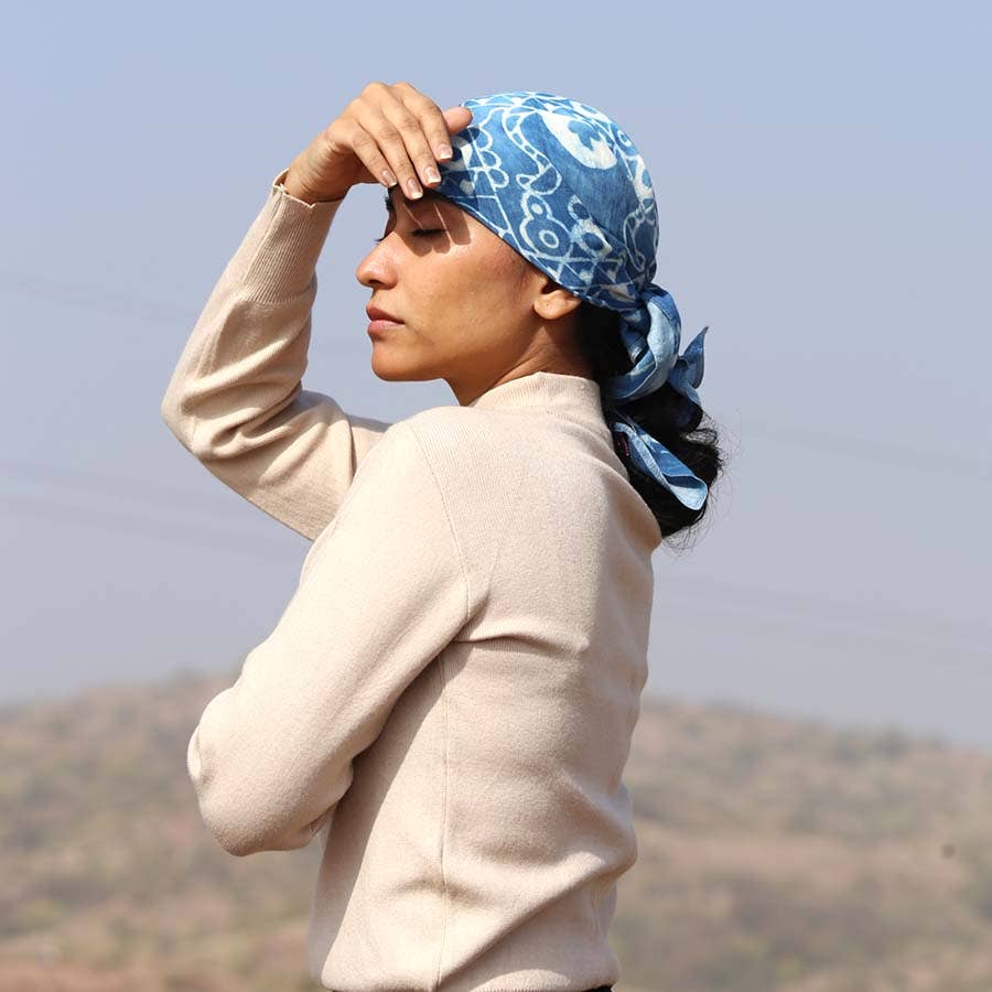 Light Blue Square Blocked Shibori Bandana, Head Scarf | Neel
