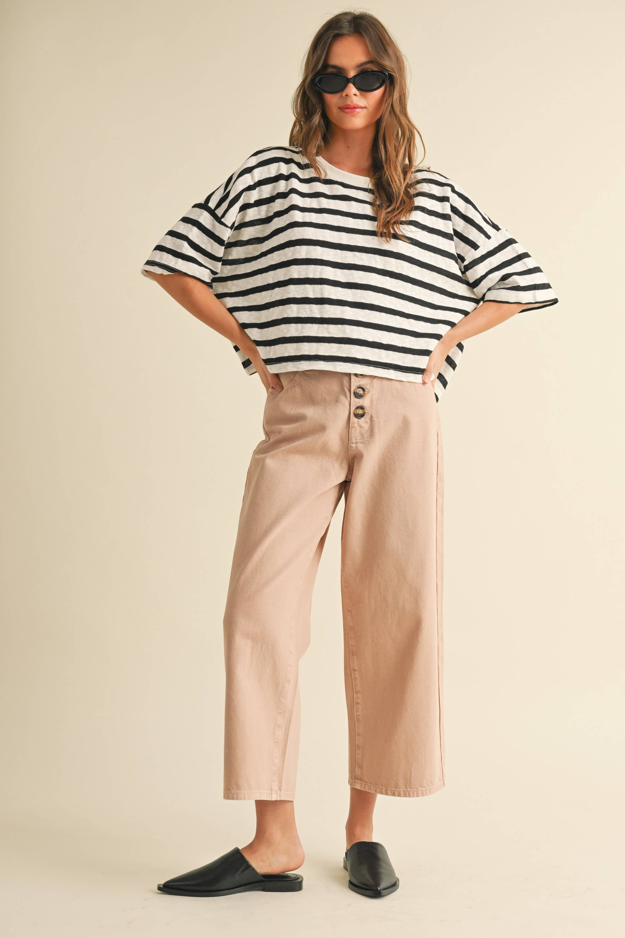 Striped Pattern Knitted Short Sleeve Top