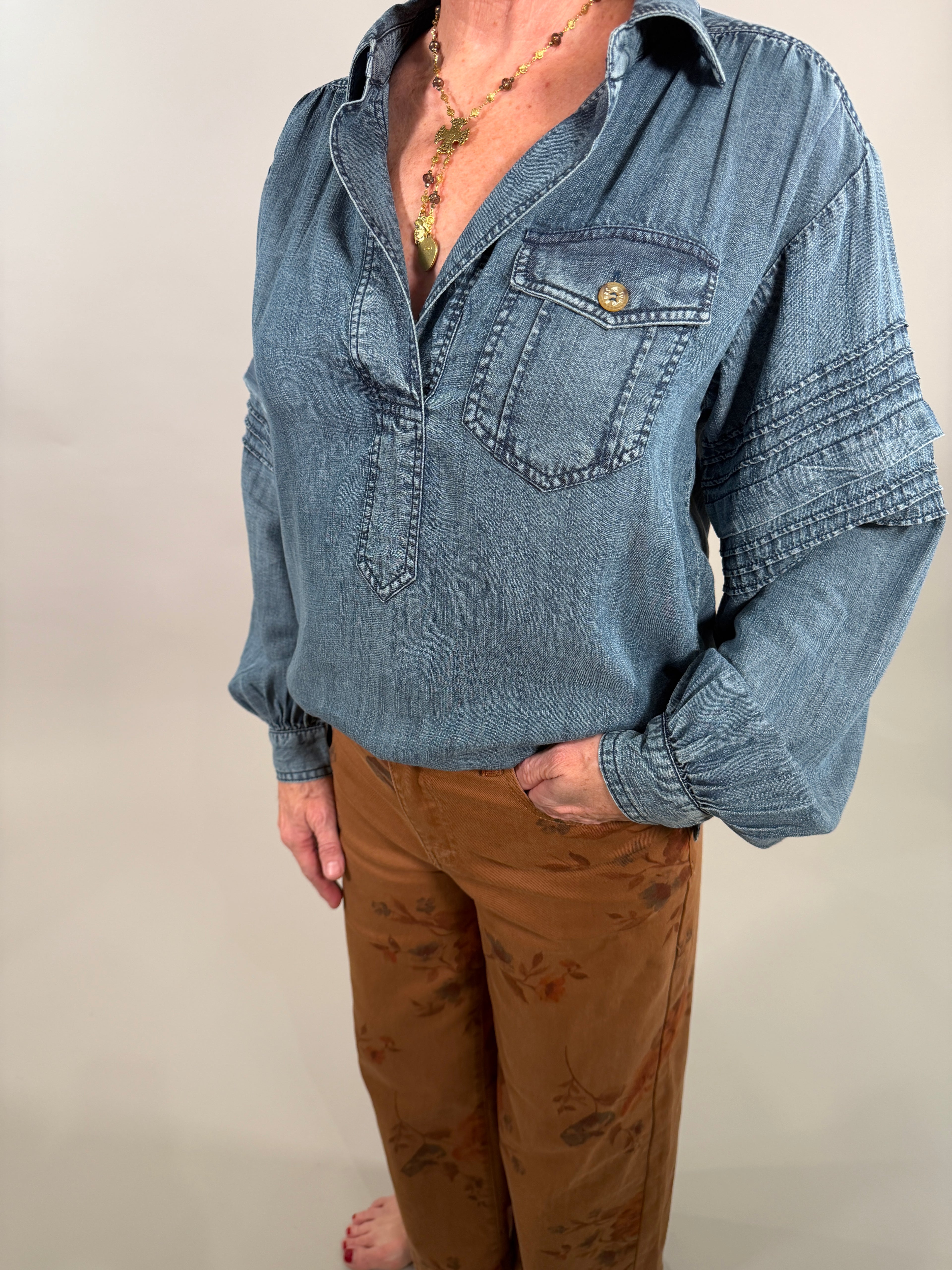 The Indigo Popover Blouse with Pleats