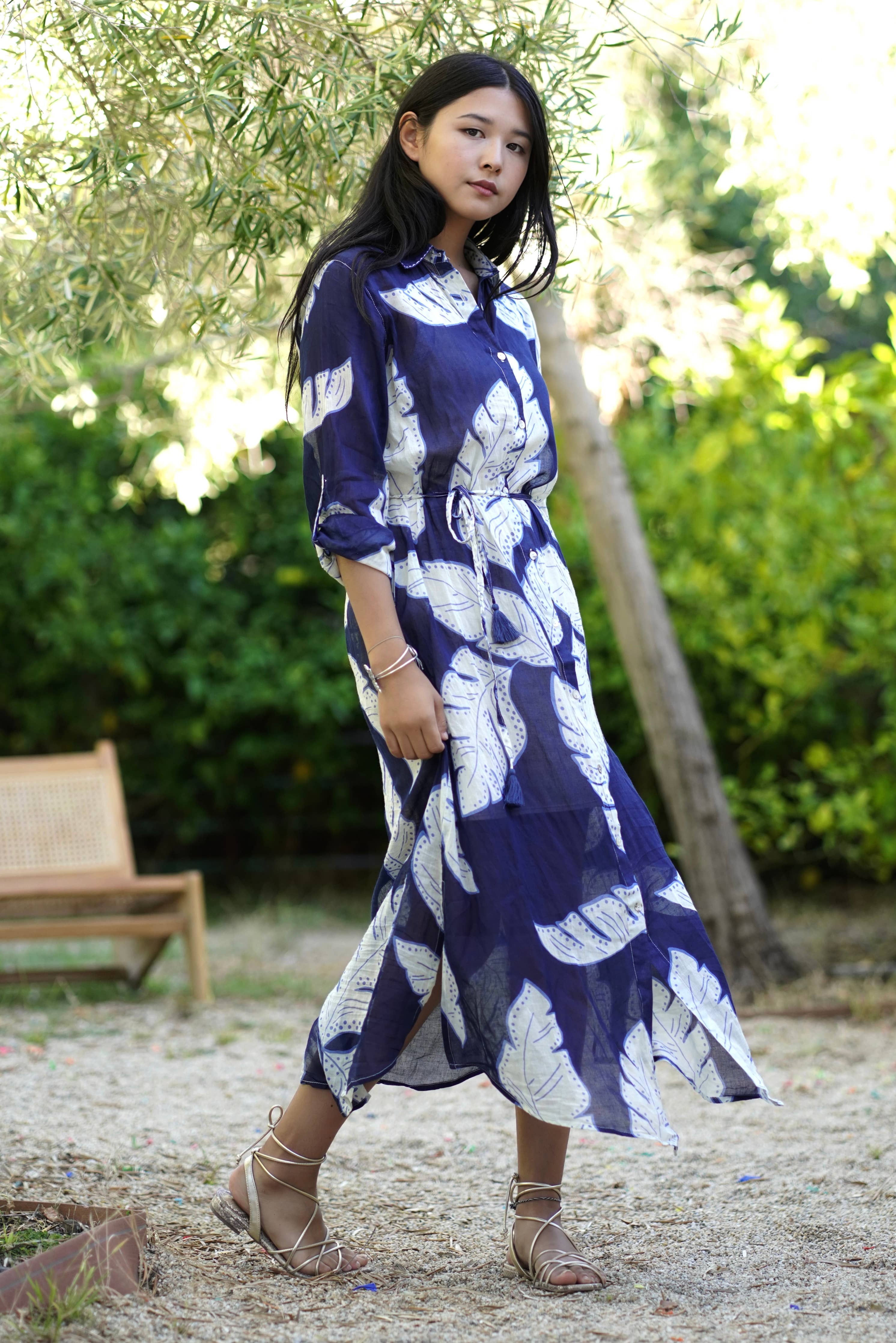 Navy Palm Leaf Shirt Dress