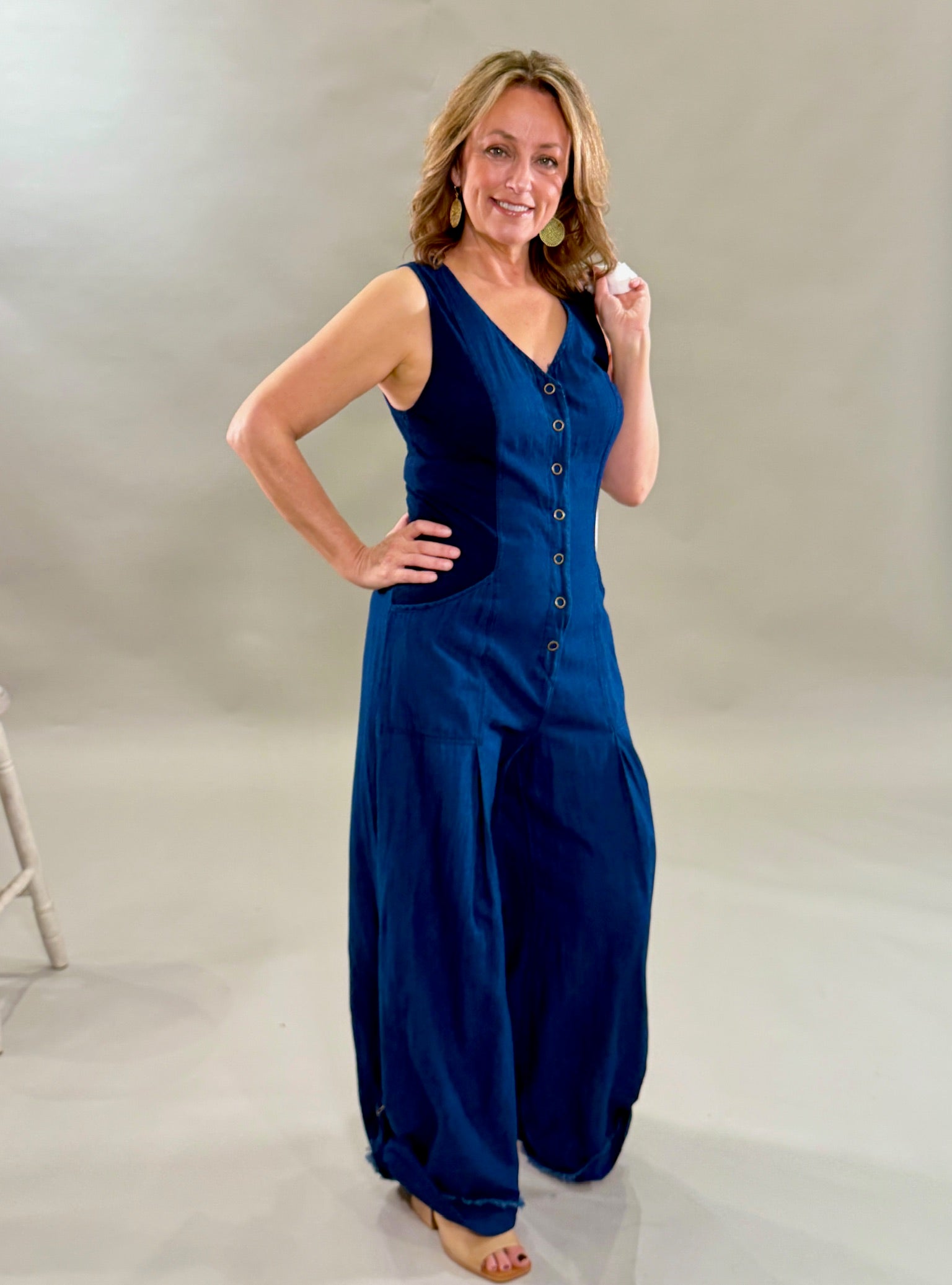 Relaxed Navy Snap-Front Jumpsuit