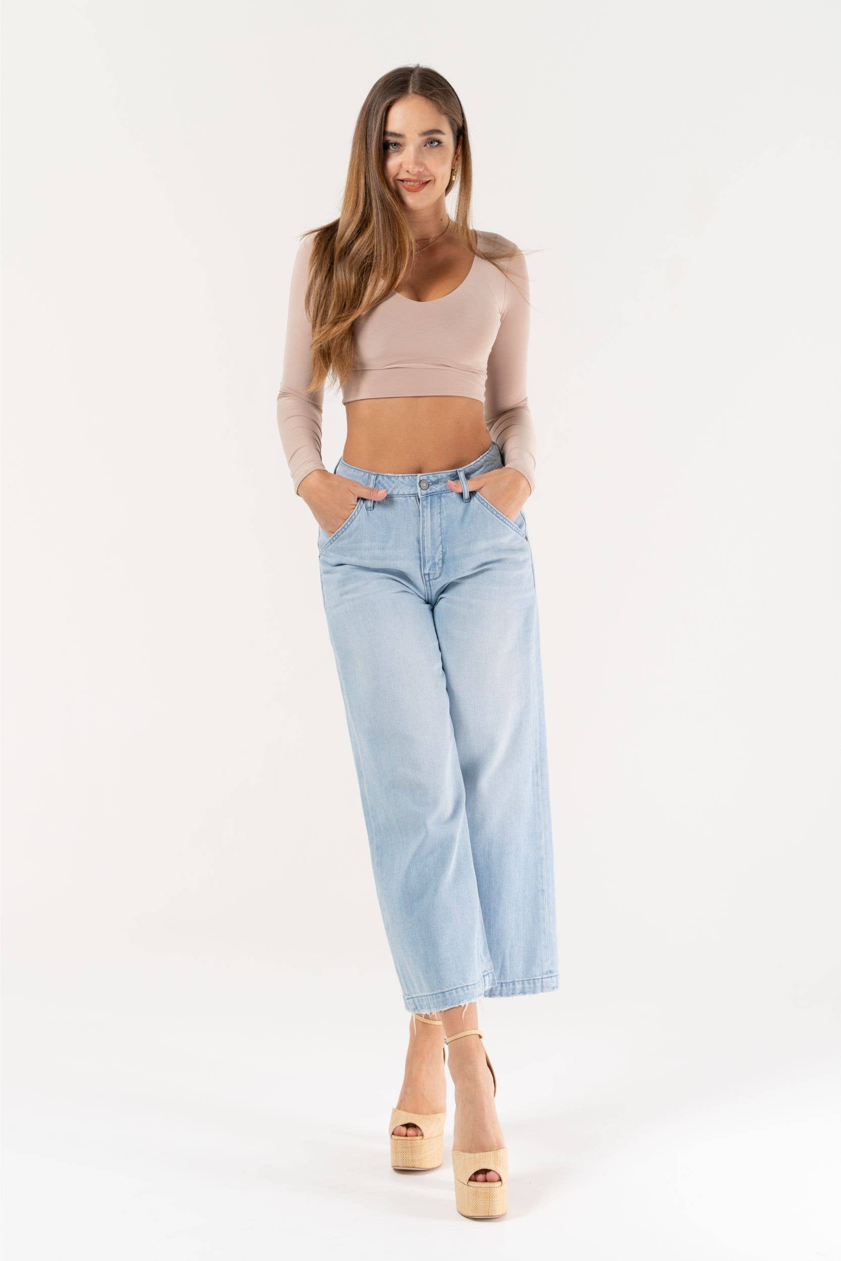 Light Wash Super Soft Cropped Wide Leg Trouser