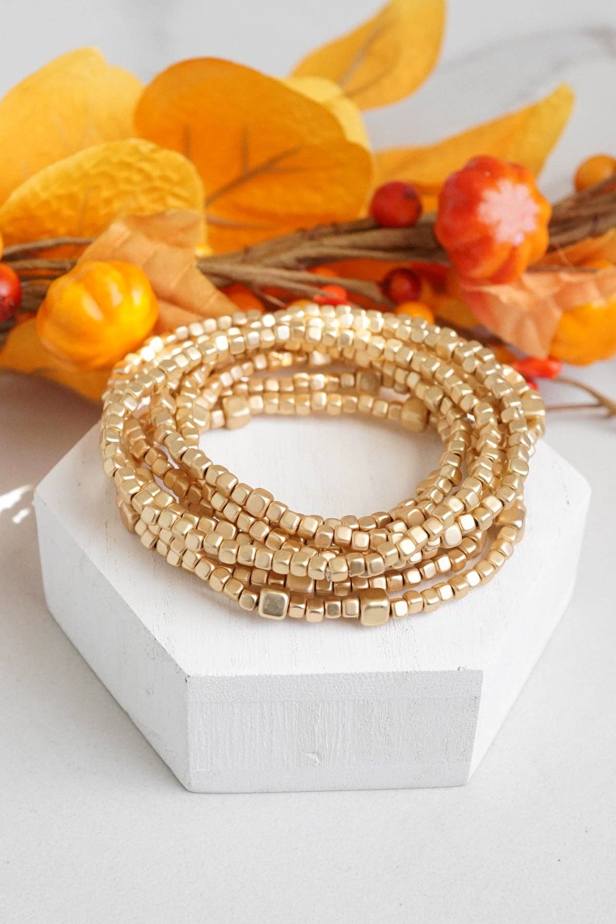 Beaded Bracelet Set Cube Beads Gold Tone