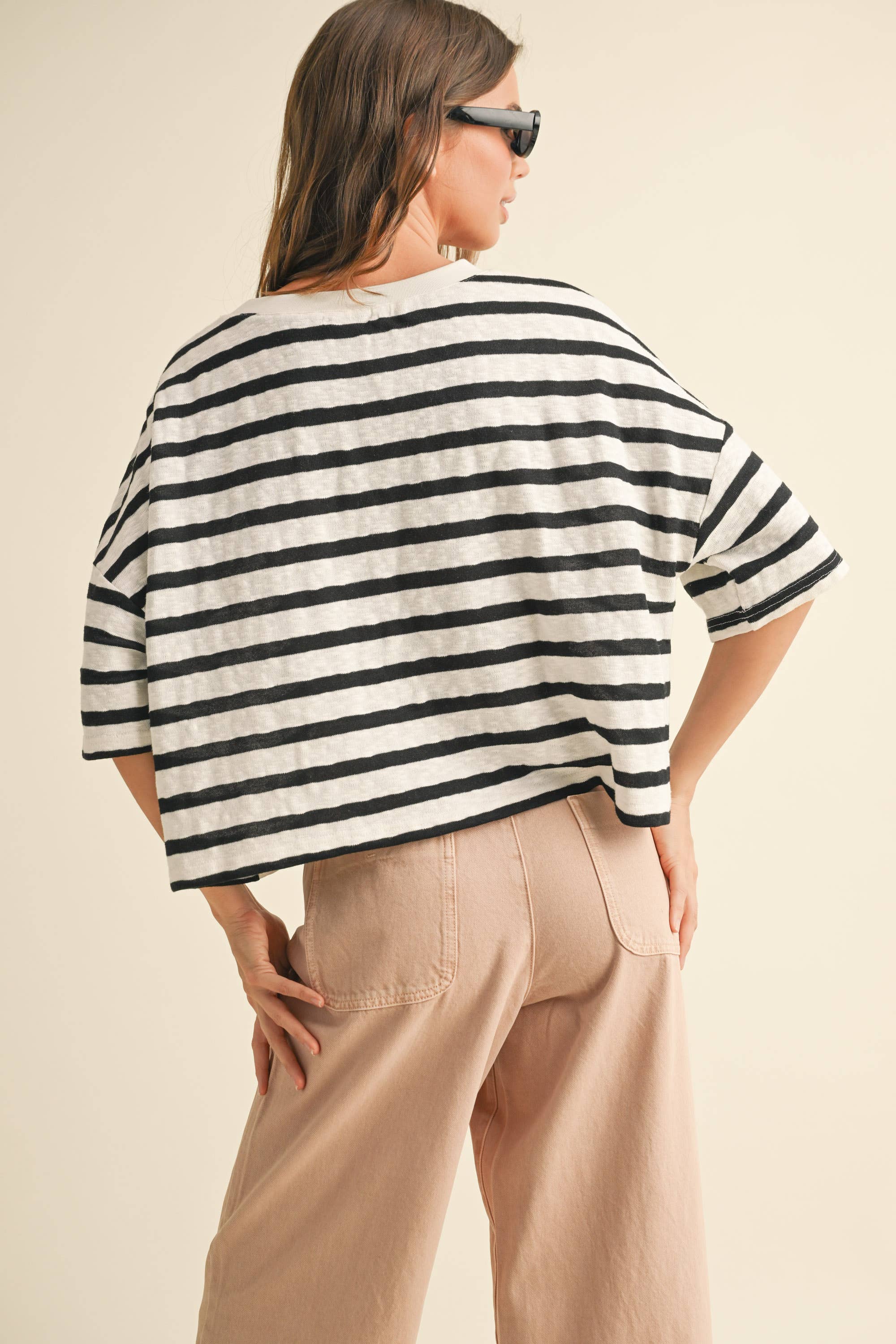 Striped Pattern Knitted Short Sleeve Top