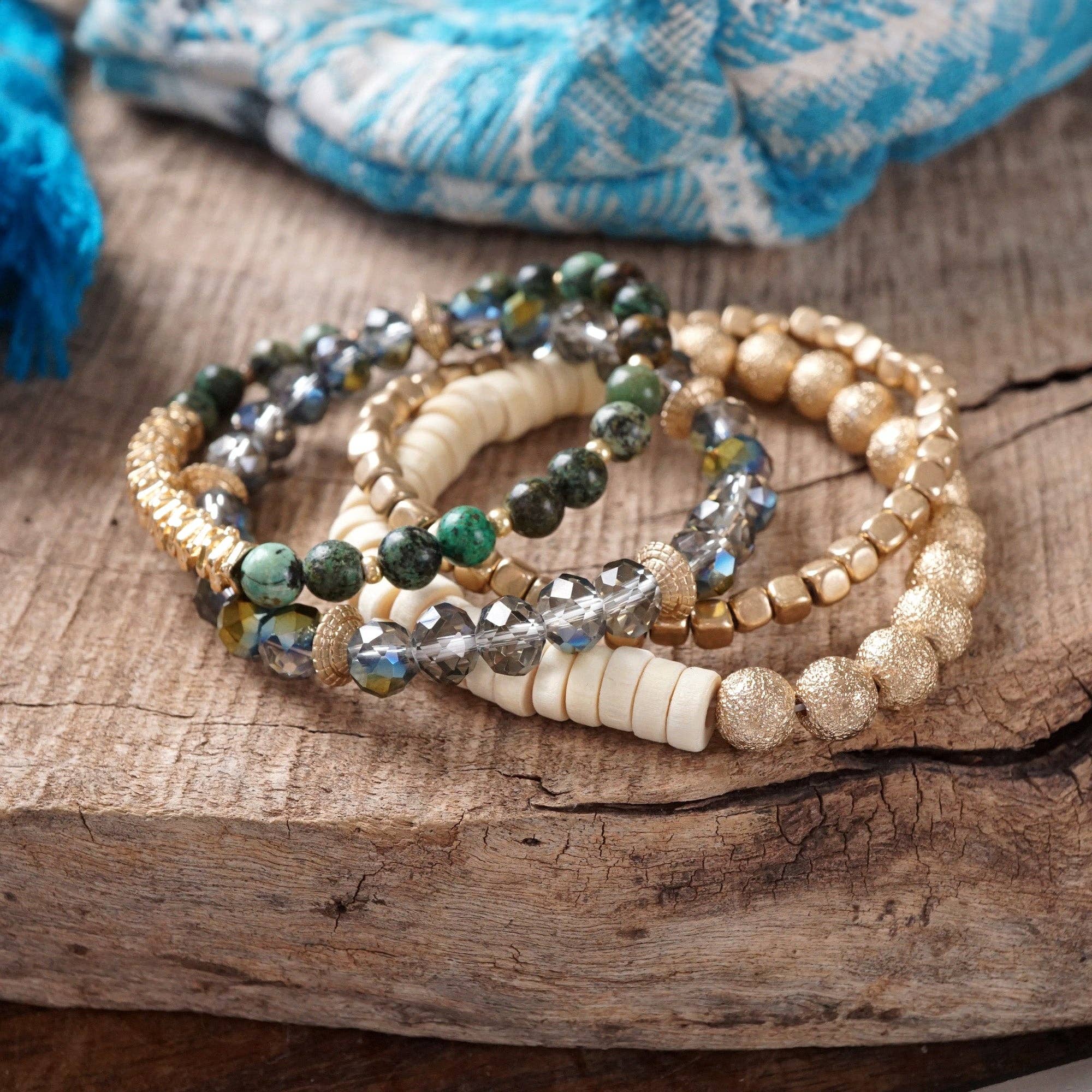 Bracelets stack of 4 piece beaded with Dark Green Semi Precious stones glass wooden and golden beads