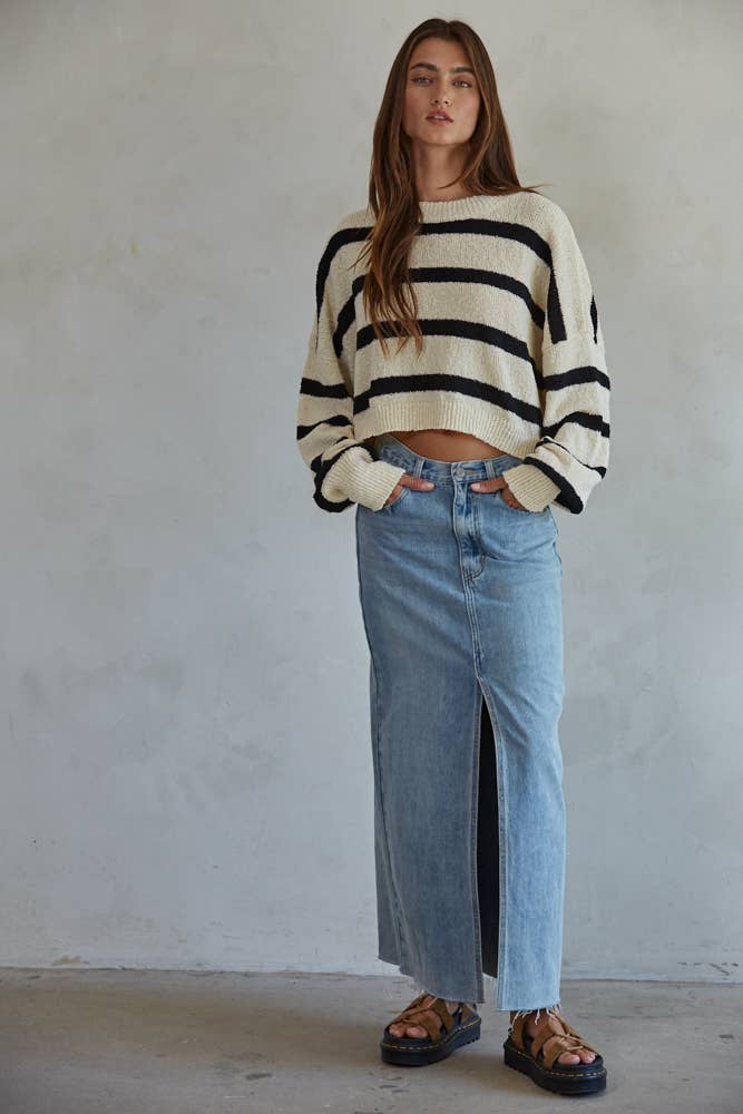 Knit Sweater Striped Crewneck Long Sleeve Top