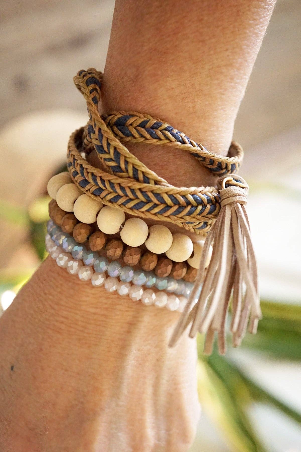 Boho Wrap Tassels and Beads Bracelet Stack in Dark Brown