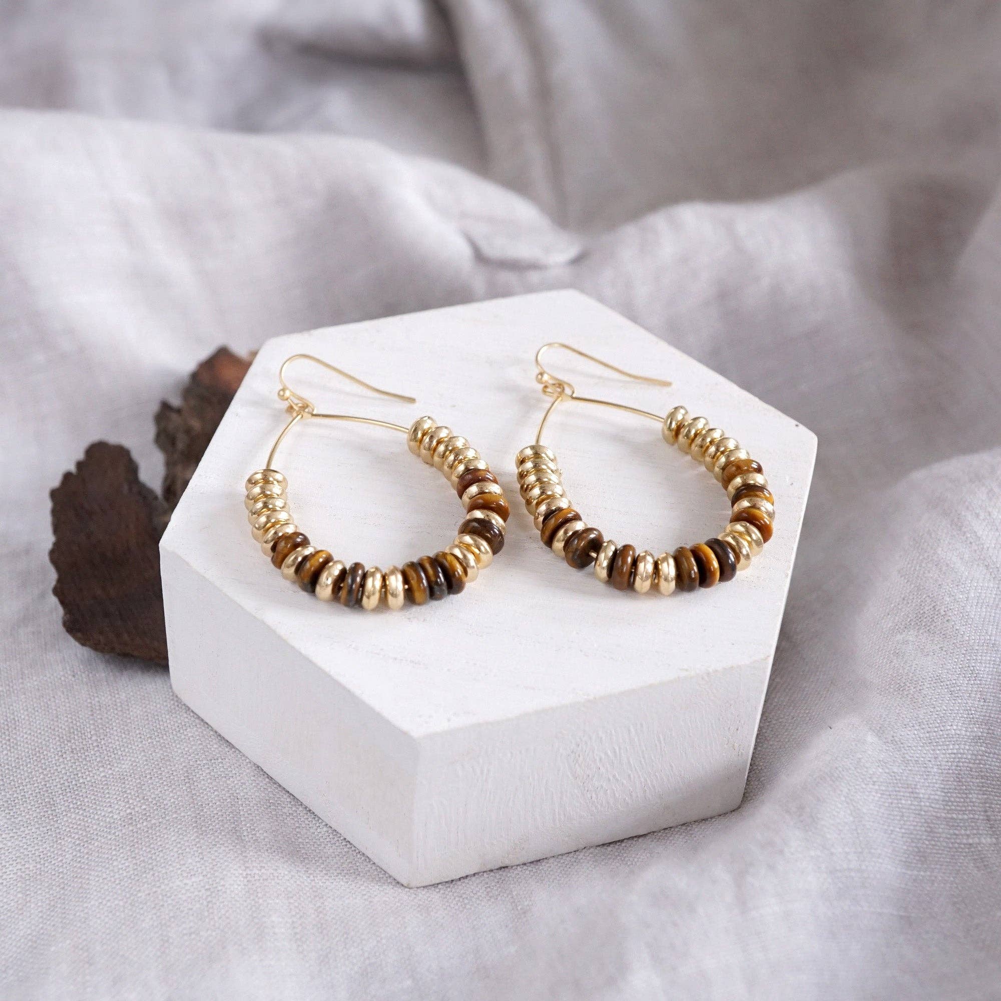 Beaded Teardrop Wire Earrings – Gold Tone & Brown Tiger Eye Stone Beads