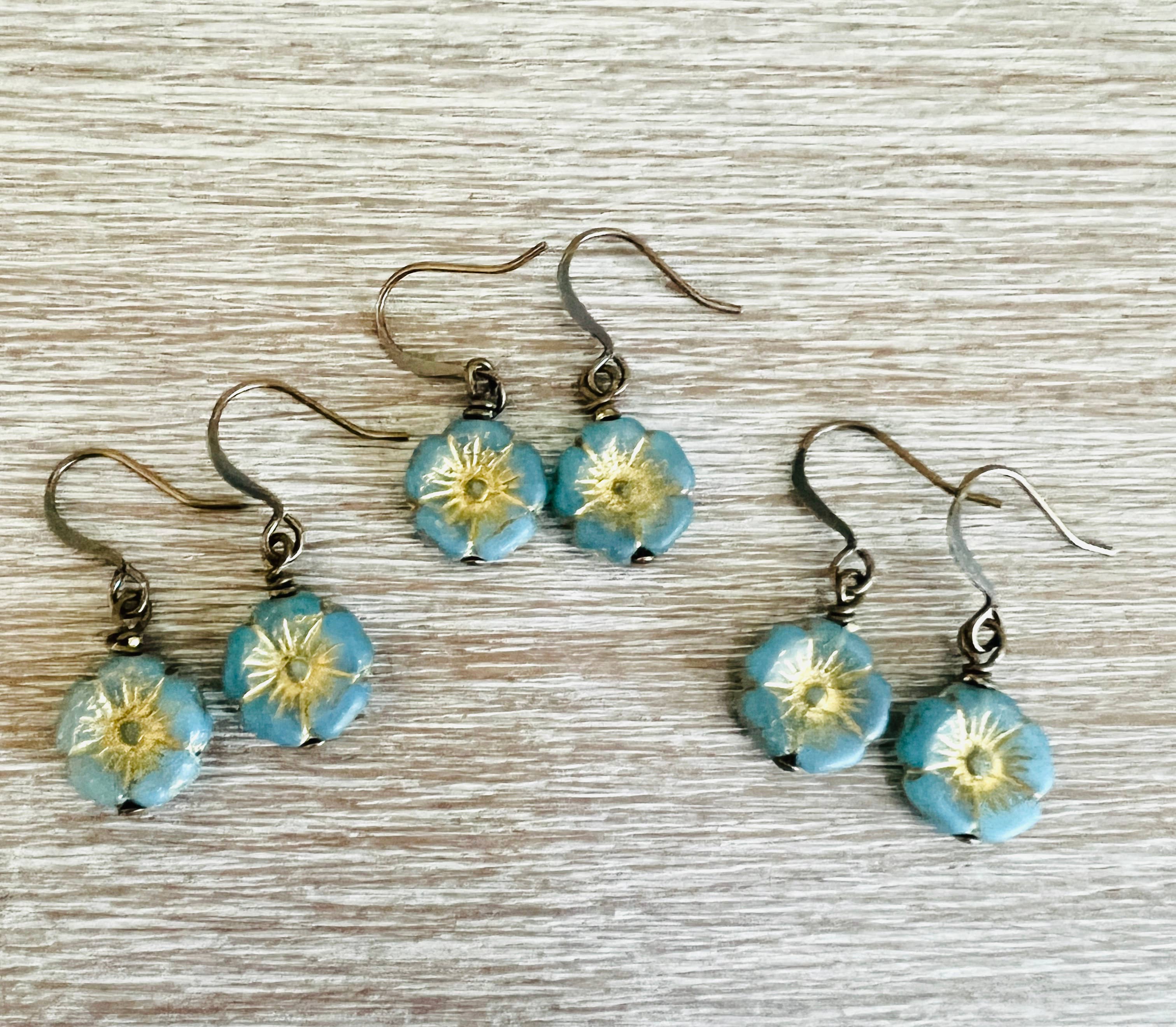 Dainty Denim Pressed Glass Flower Earrings