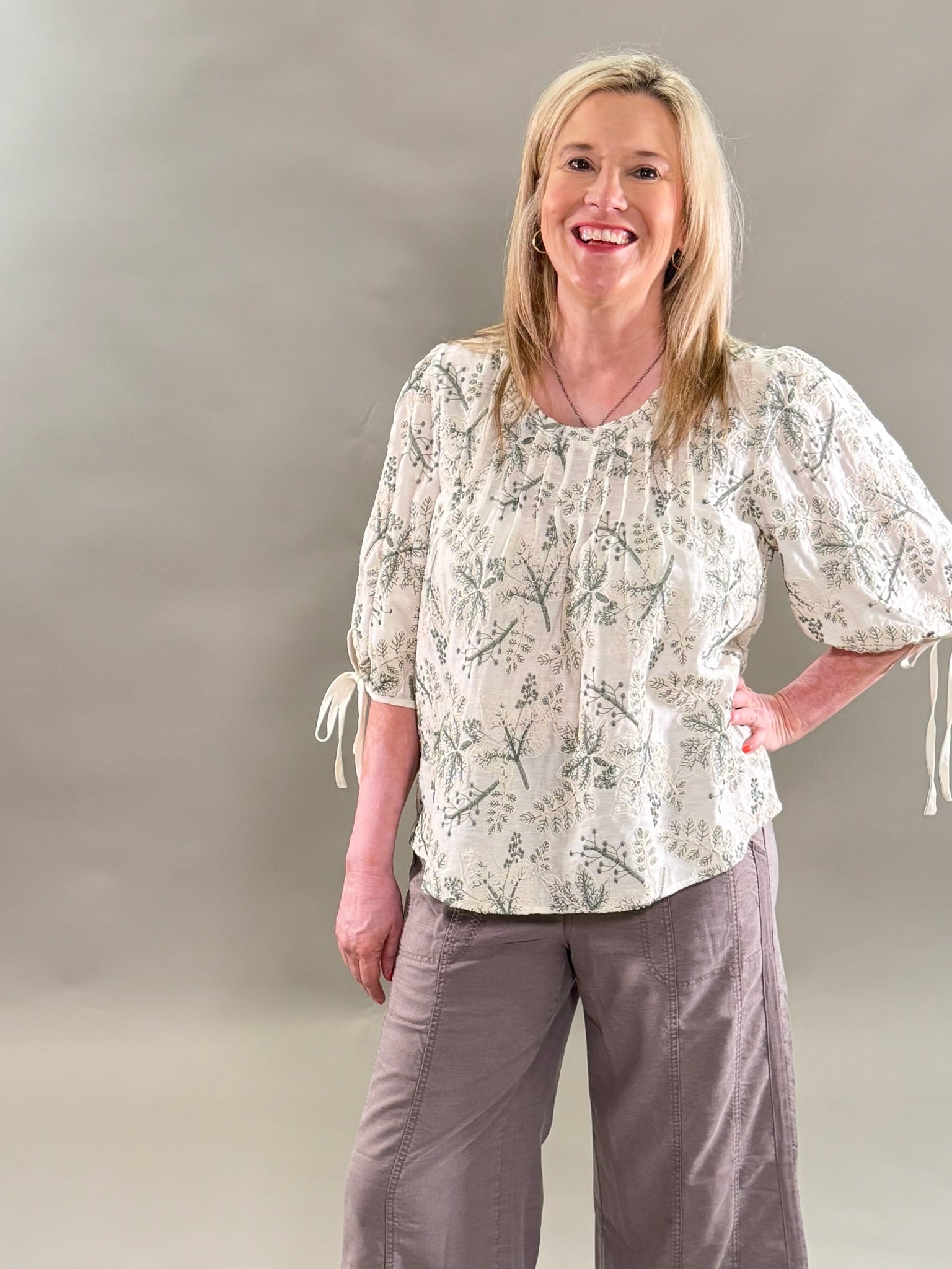Cream and Green Embroidery Top