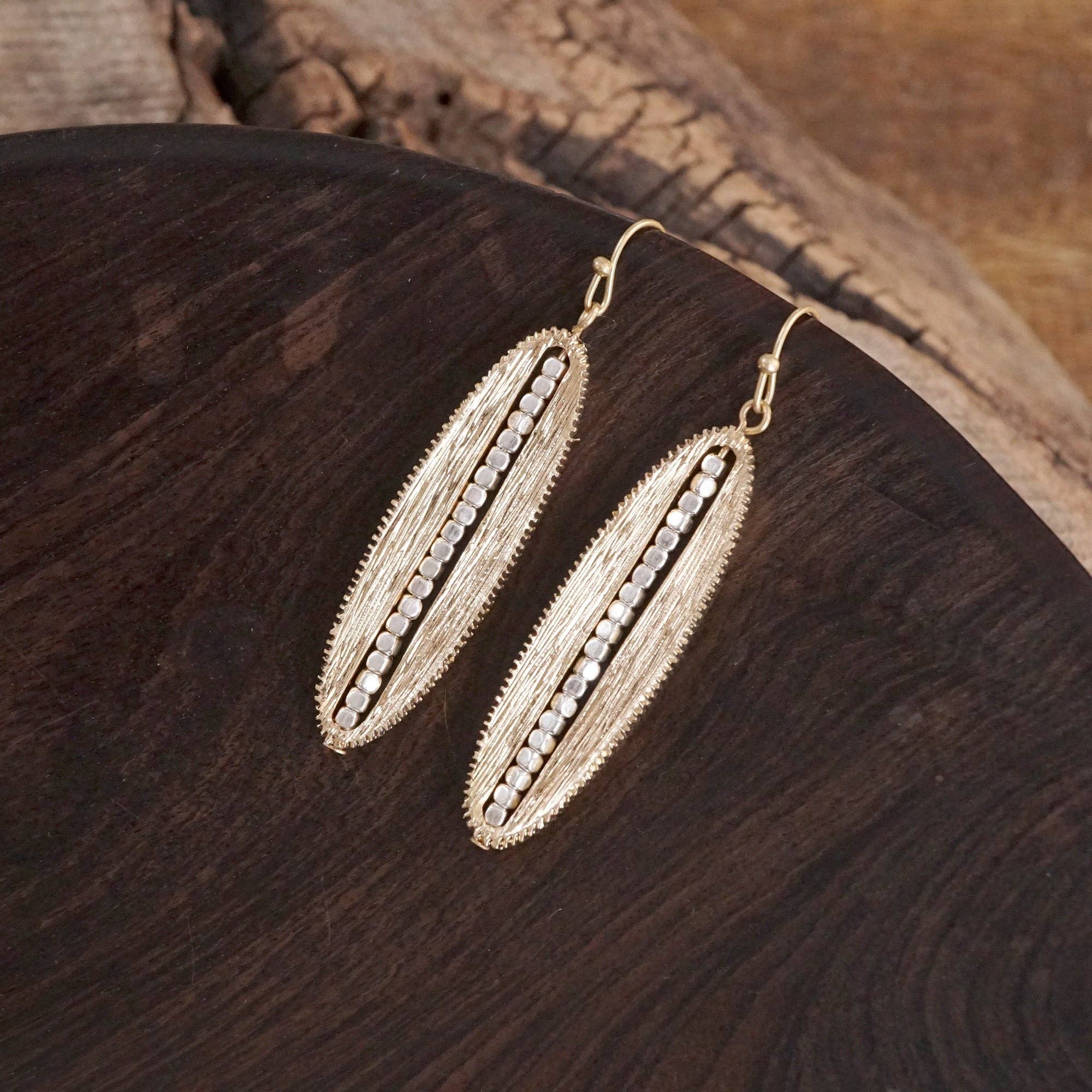 Minimalist Elongated Oval Dangle Earrings – Gold & Silver Accents