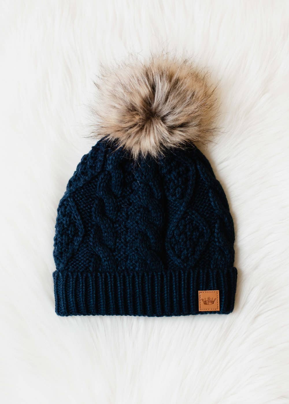 Navy Cable Knit Pom Beanie
