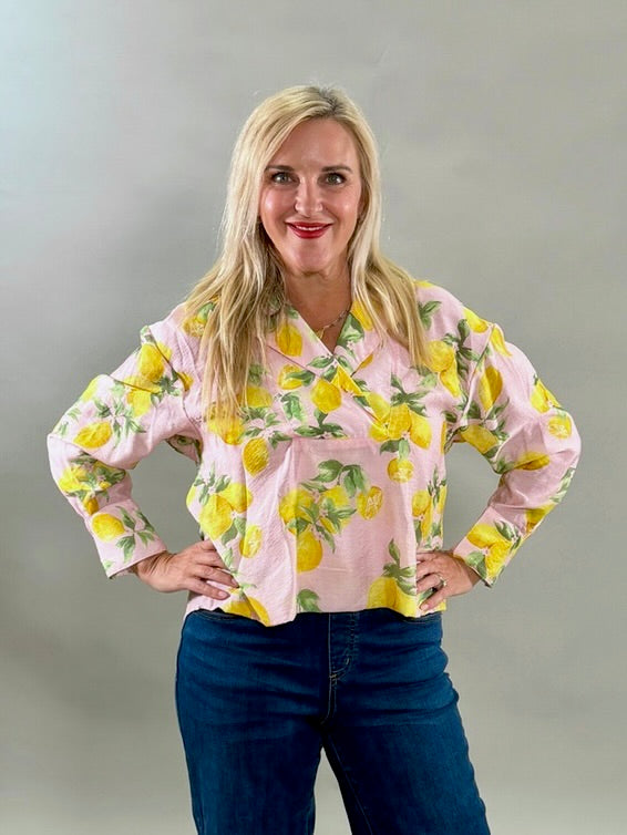 Sunny Lemon-Print Surplice Top