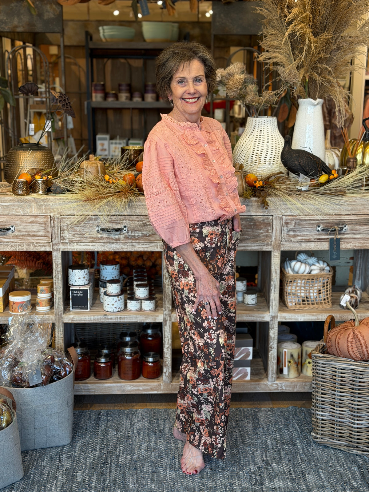 Retro Orange Floral Wide-Leg Pants