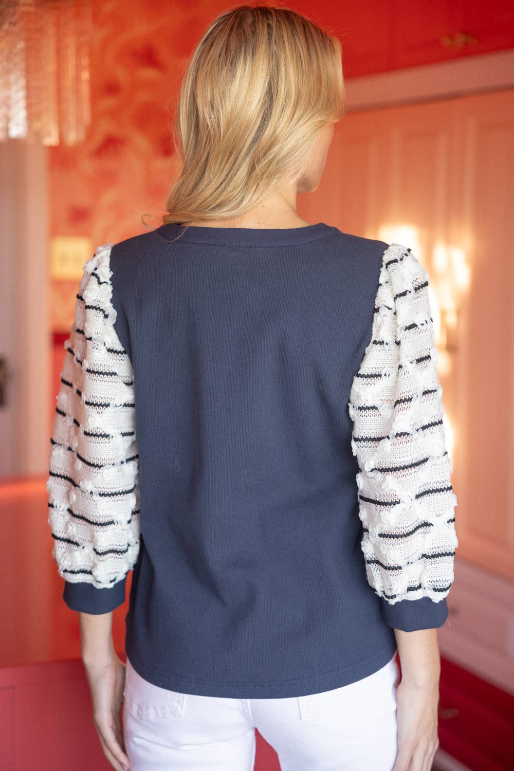 Puff Striped Diamond Tull Detailed Knit Top
