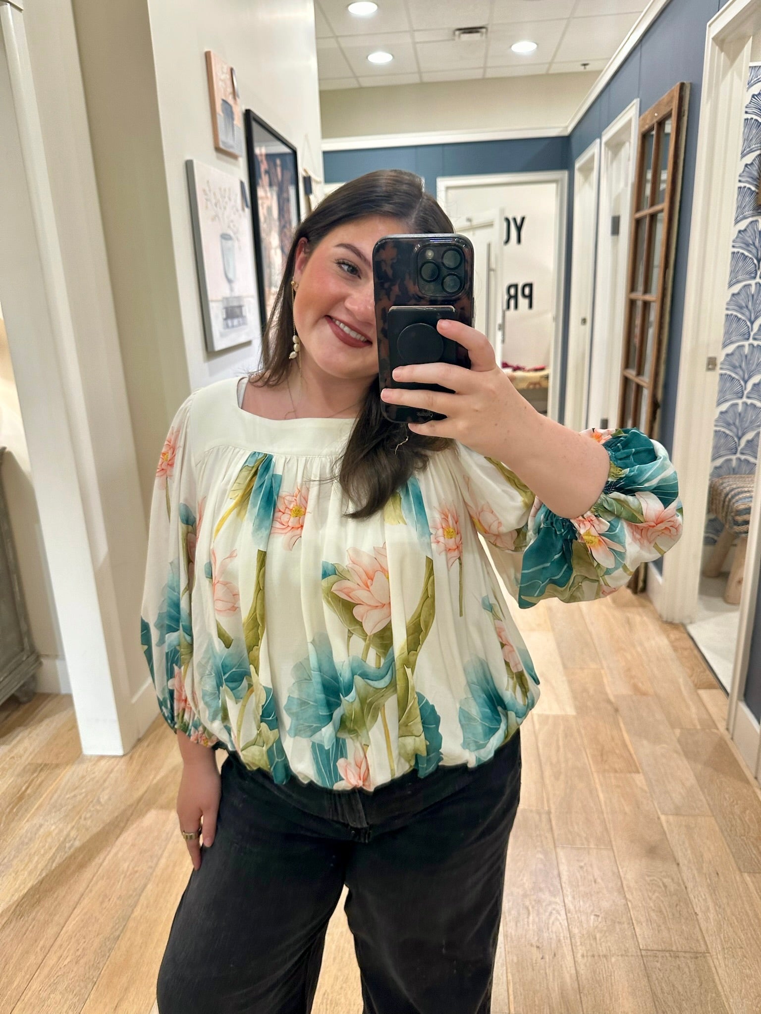Water Lily Print Puff Sleeve Square Neck Blouse