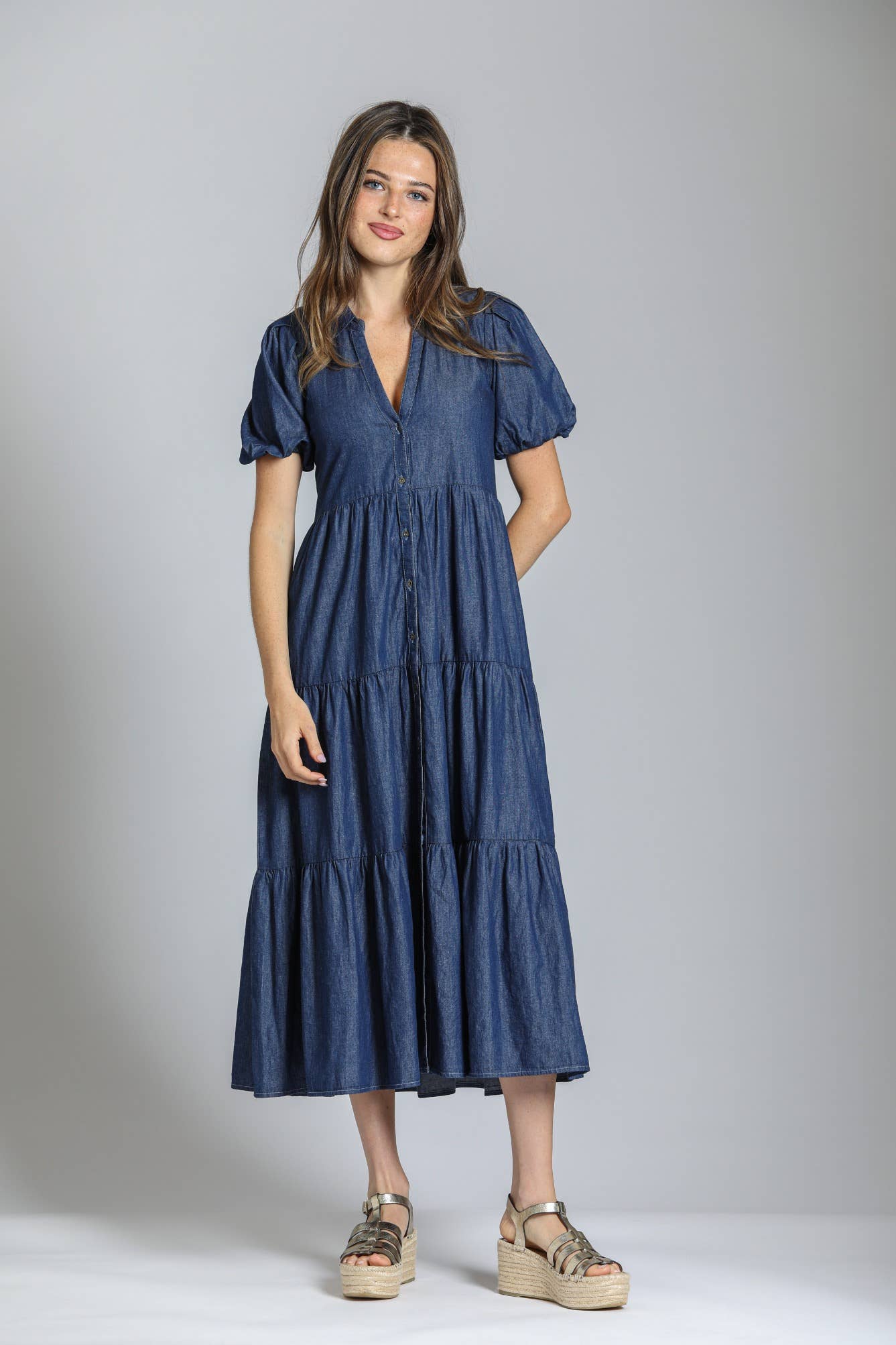 Medium Indigo Long Tiered Dress With Puff Sleeve