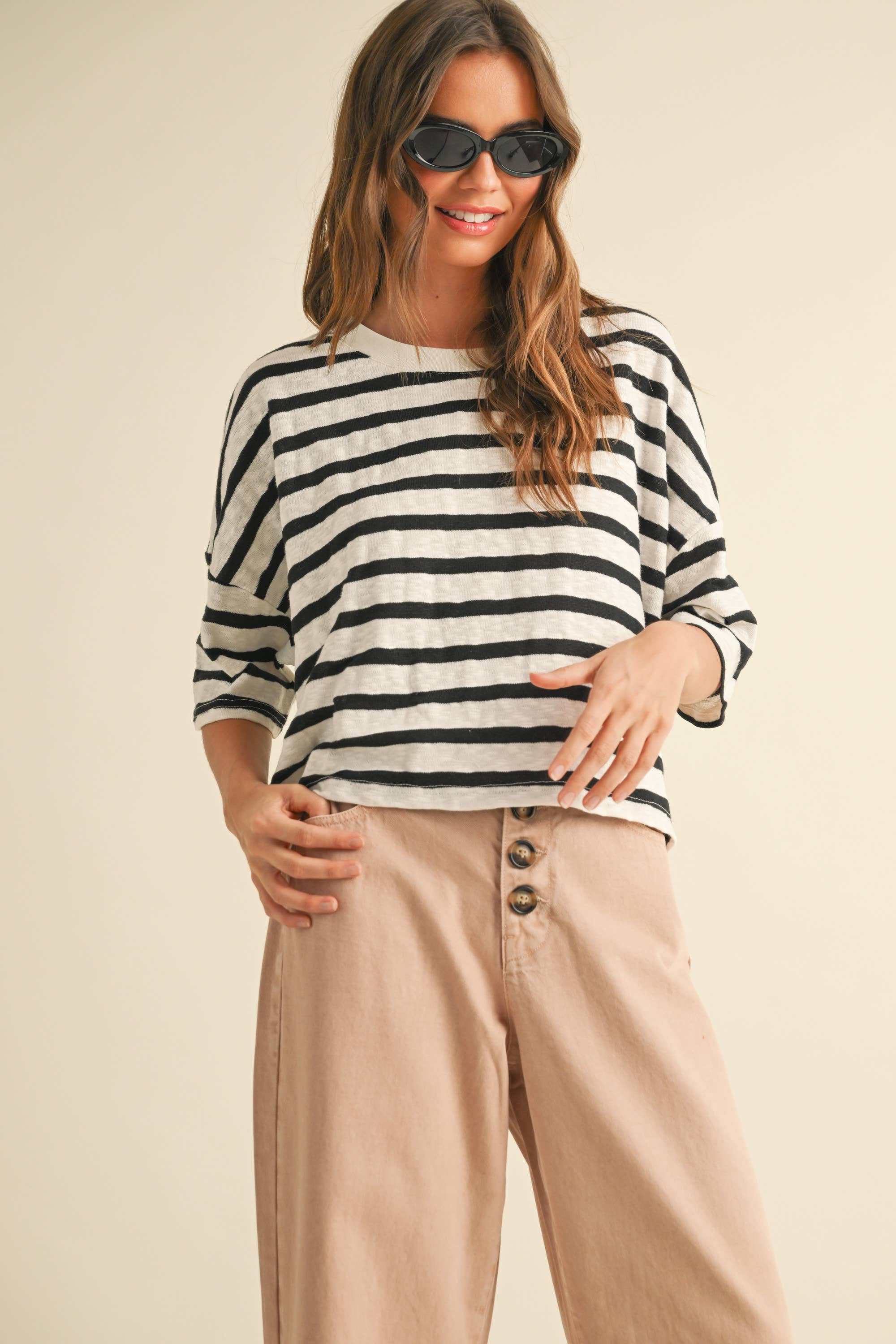 Striped Pattern Knitted Short Sleeve Top