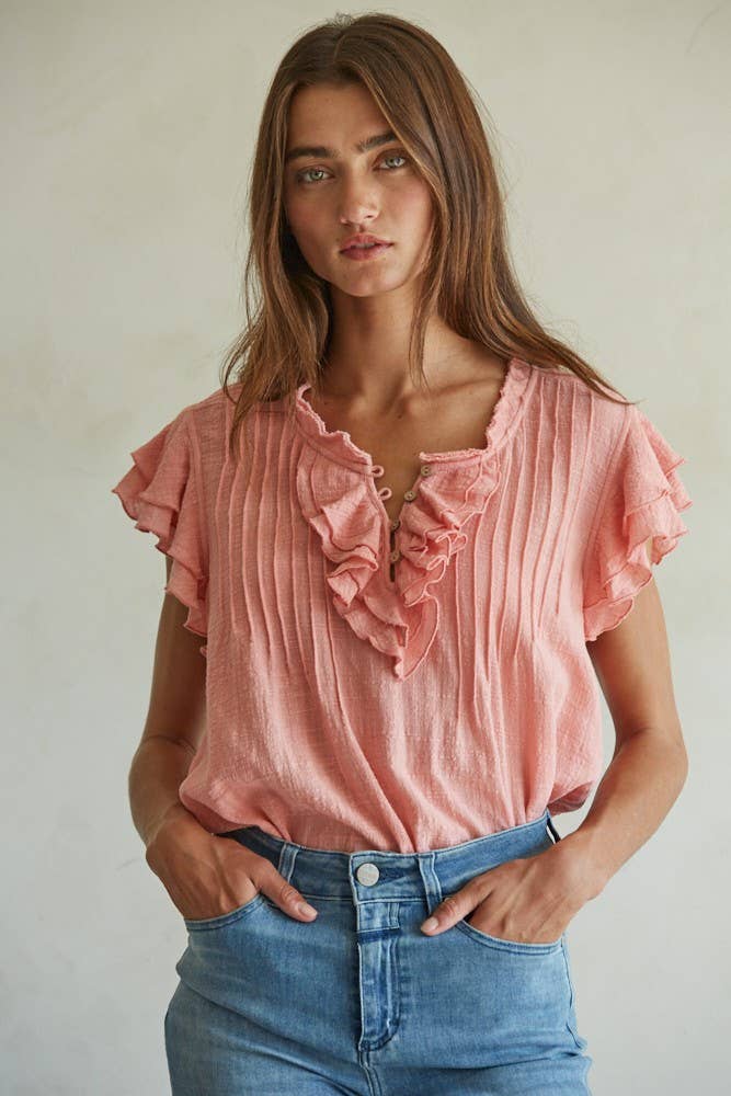 Woven Cotton Linen Button V-Neck Short Sleeve Top