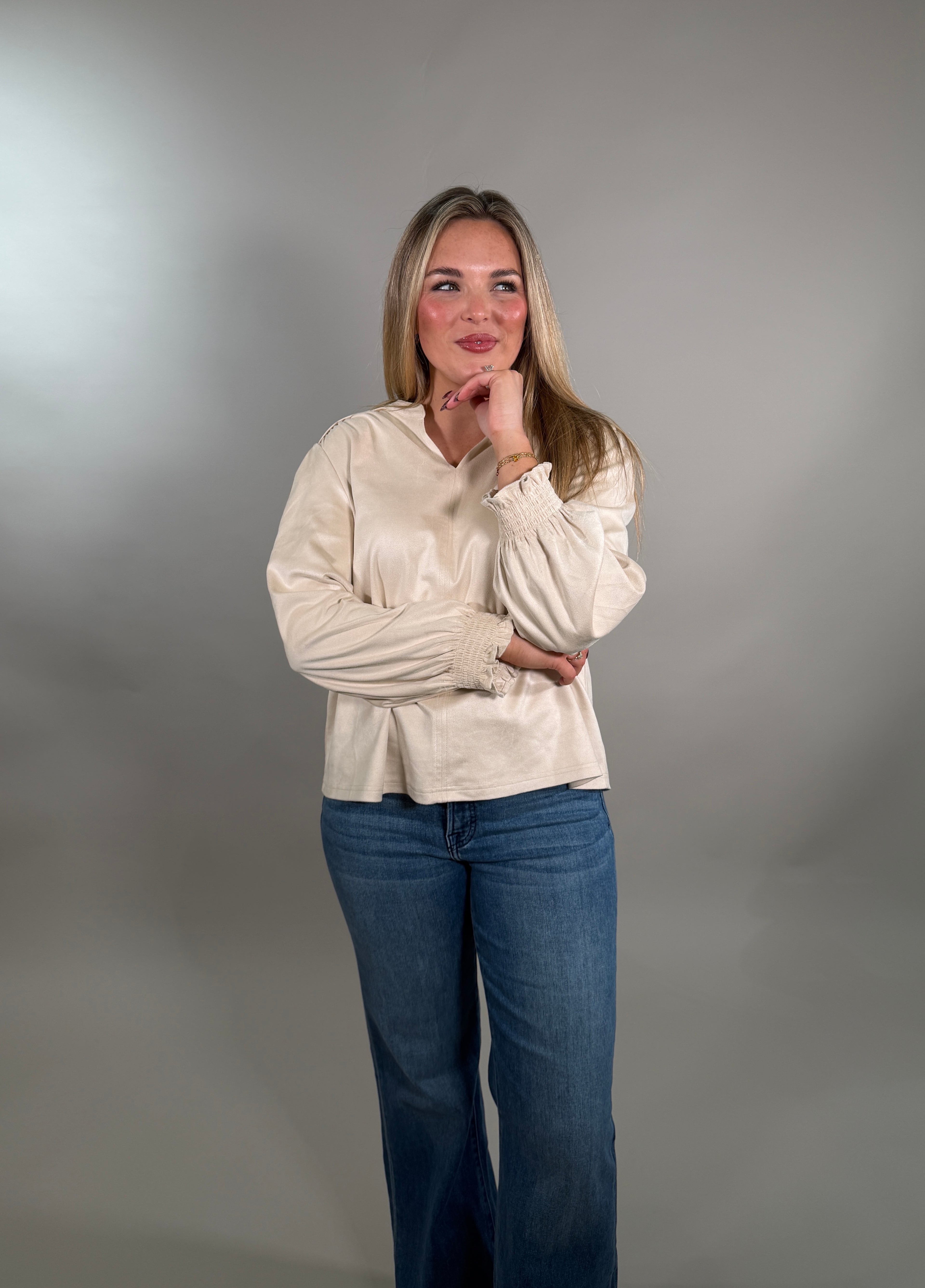 Sueded Texture V-Neck Blouse