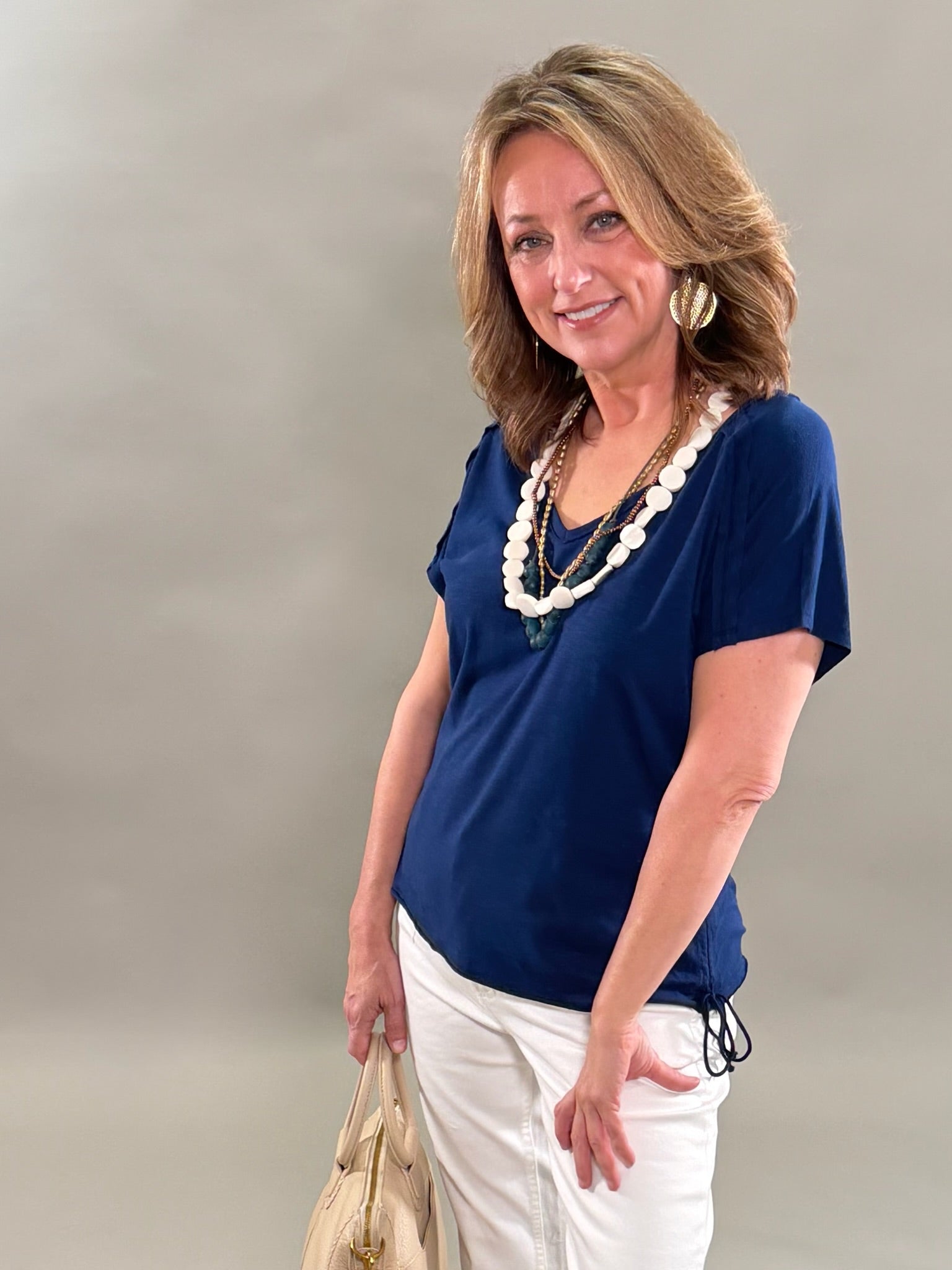 Essential Navy V-Neck with Tie Detail