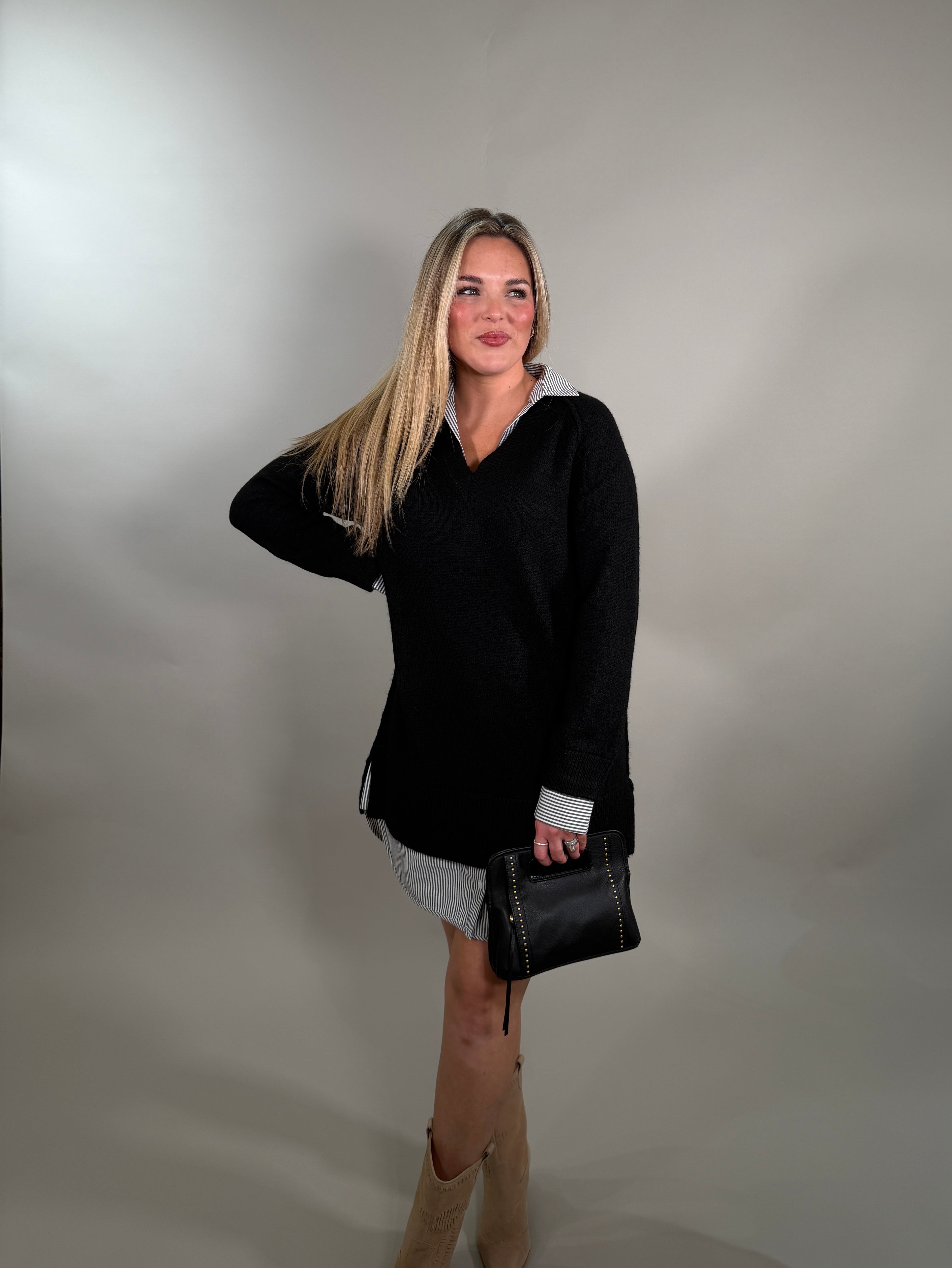 Layered V-Neck Black Sweater with Attached Shirt