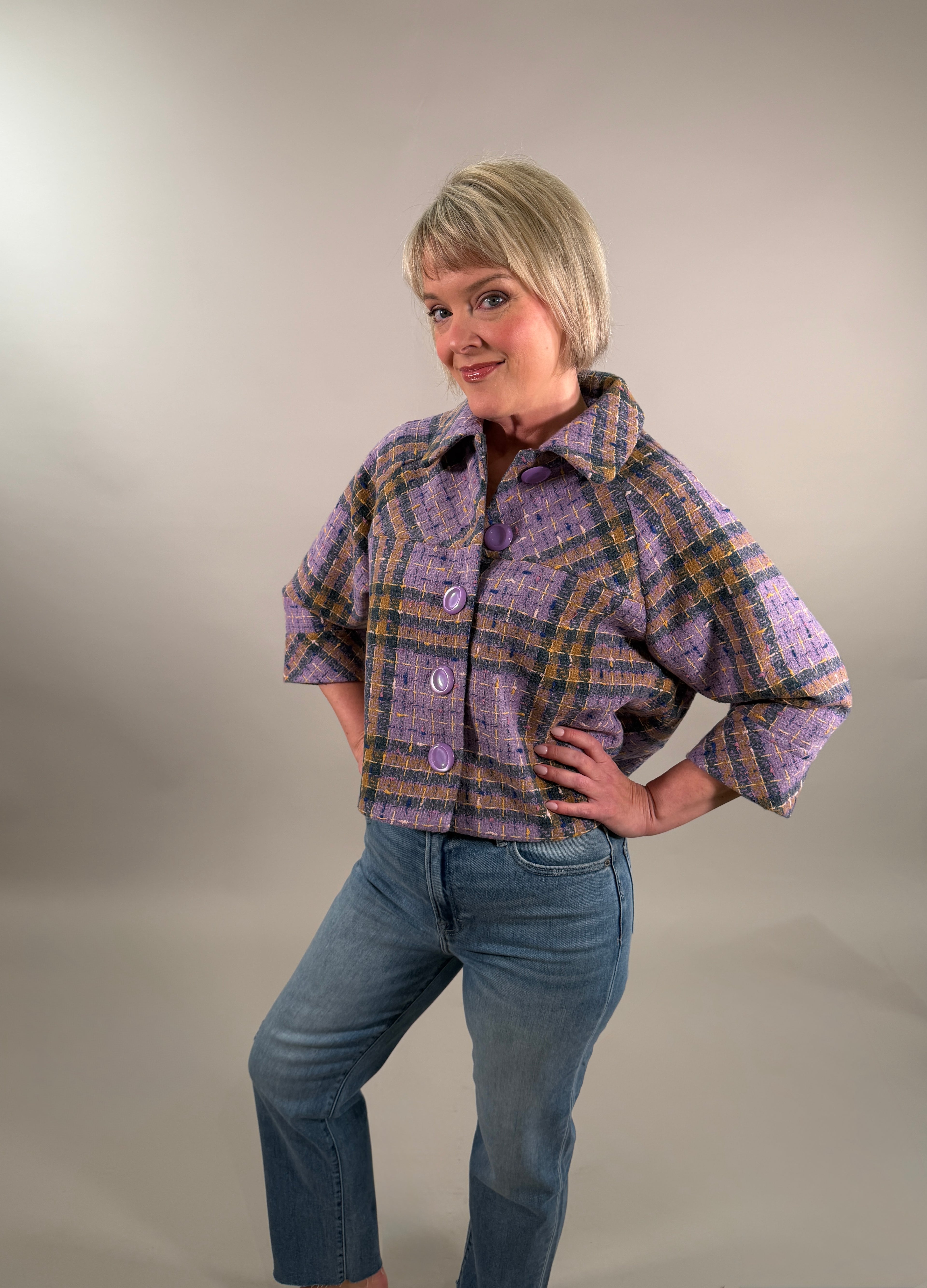 Cropped Lilac Plaid Knit Shacket with Bold Buttons