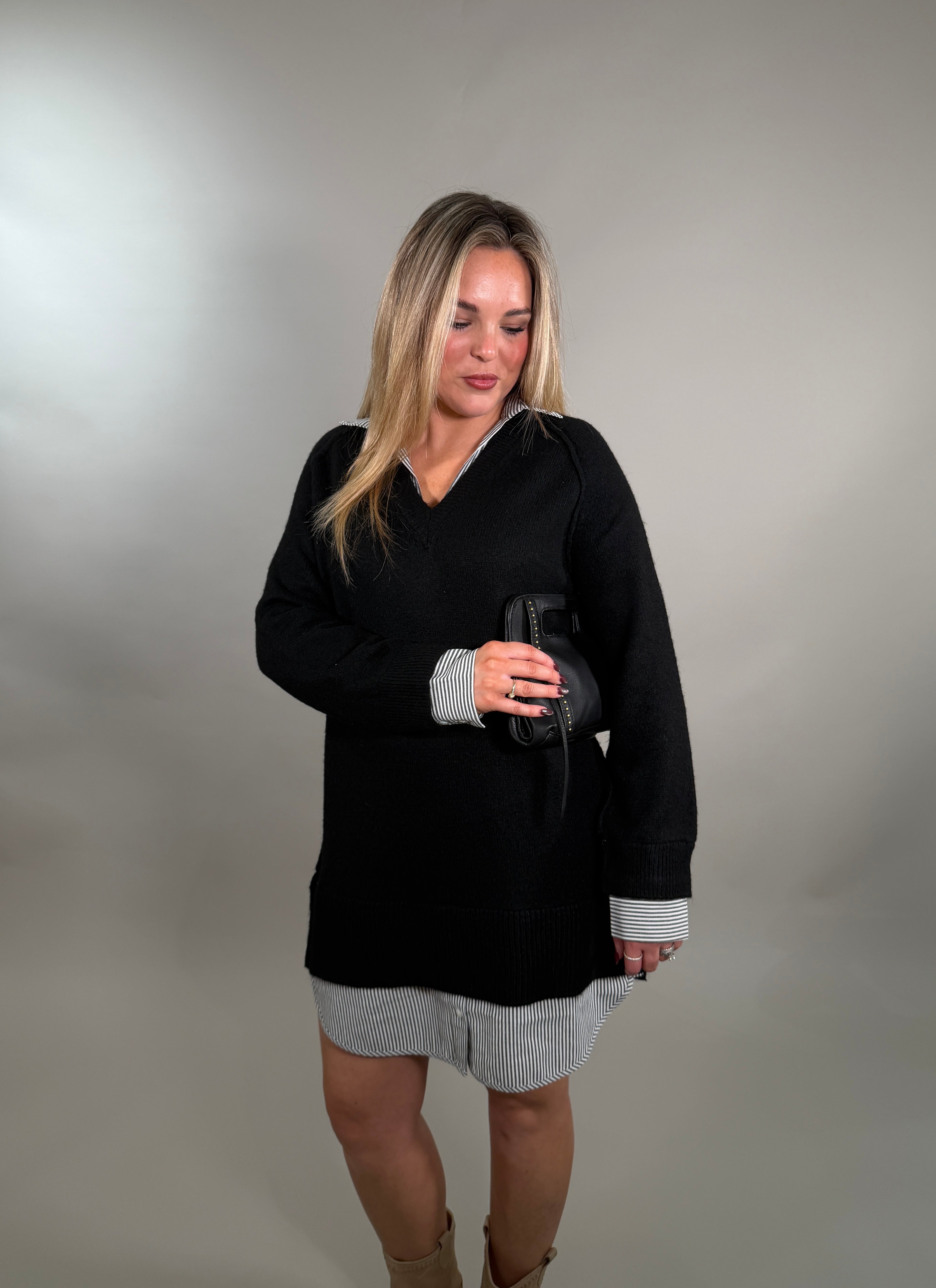 Layered V-Neck Black Sweater with Attached Shirt