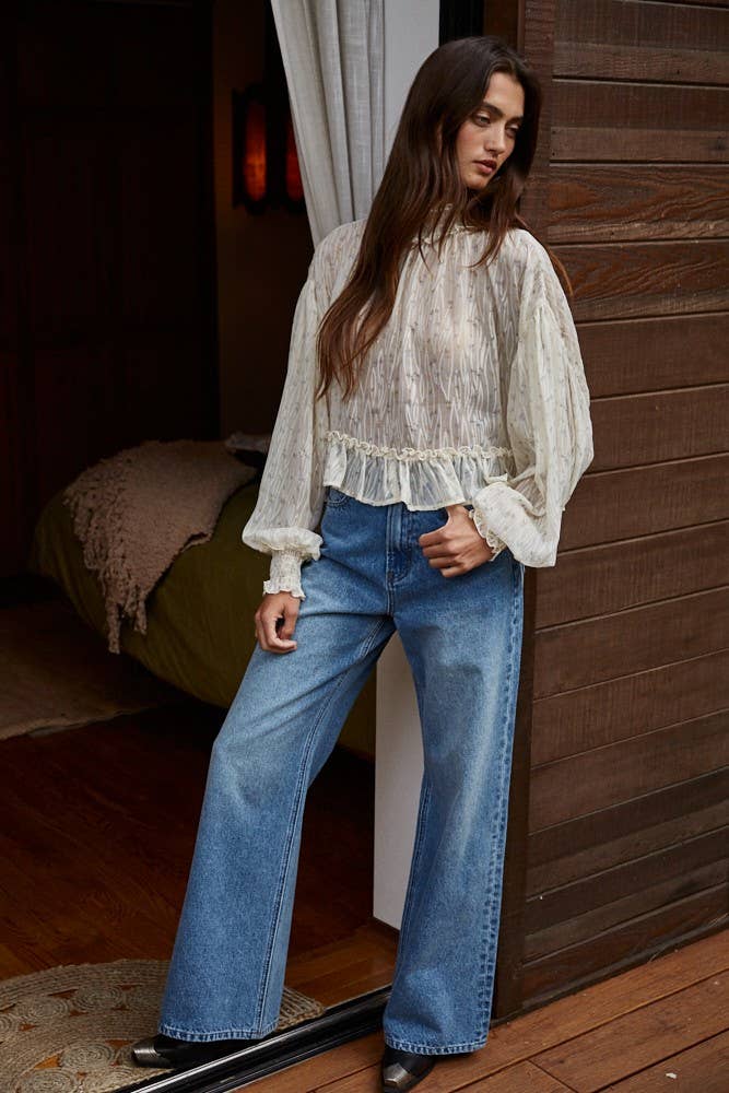 Woven Polyester Floral Print See Through Smocked Top