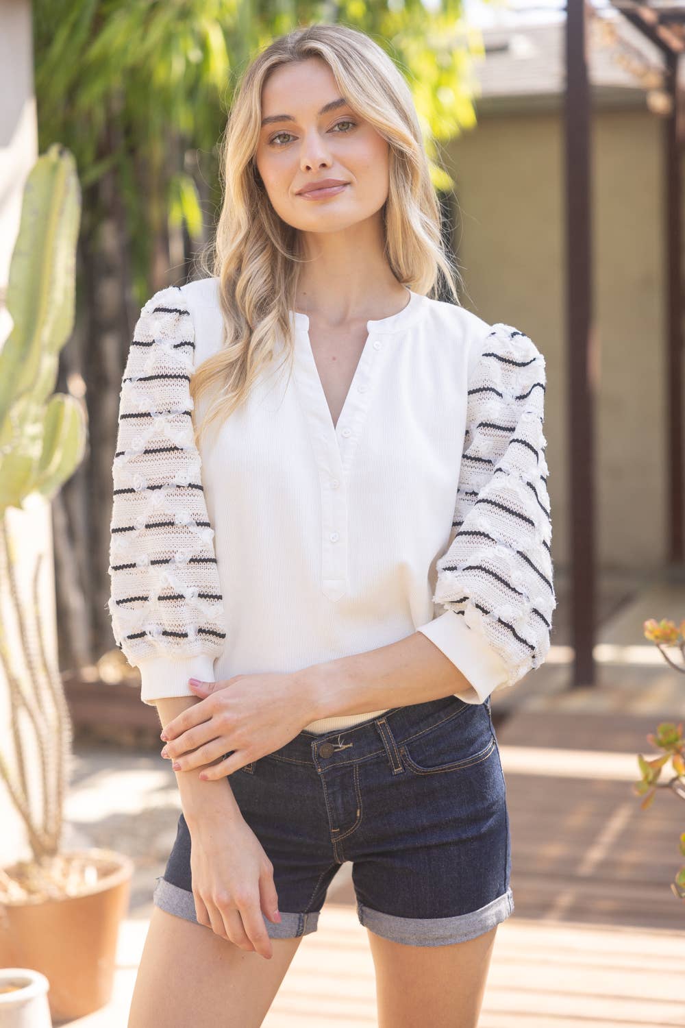 Puff Striped Diamond Tull Detailed Knit Top