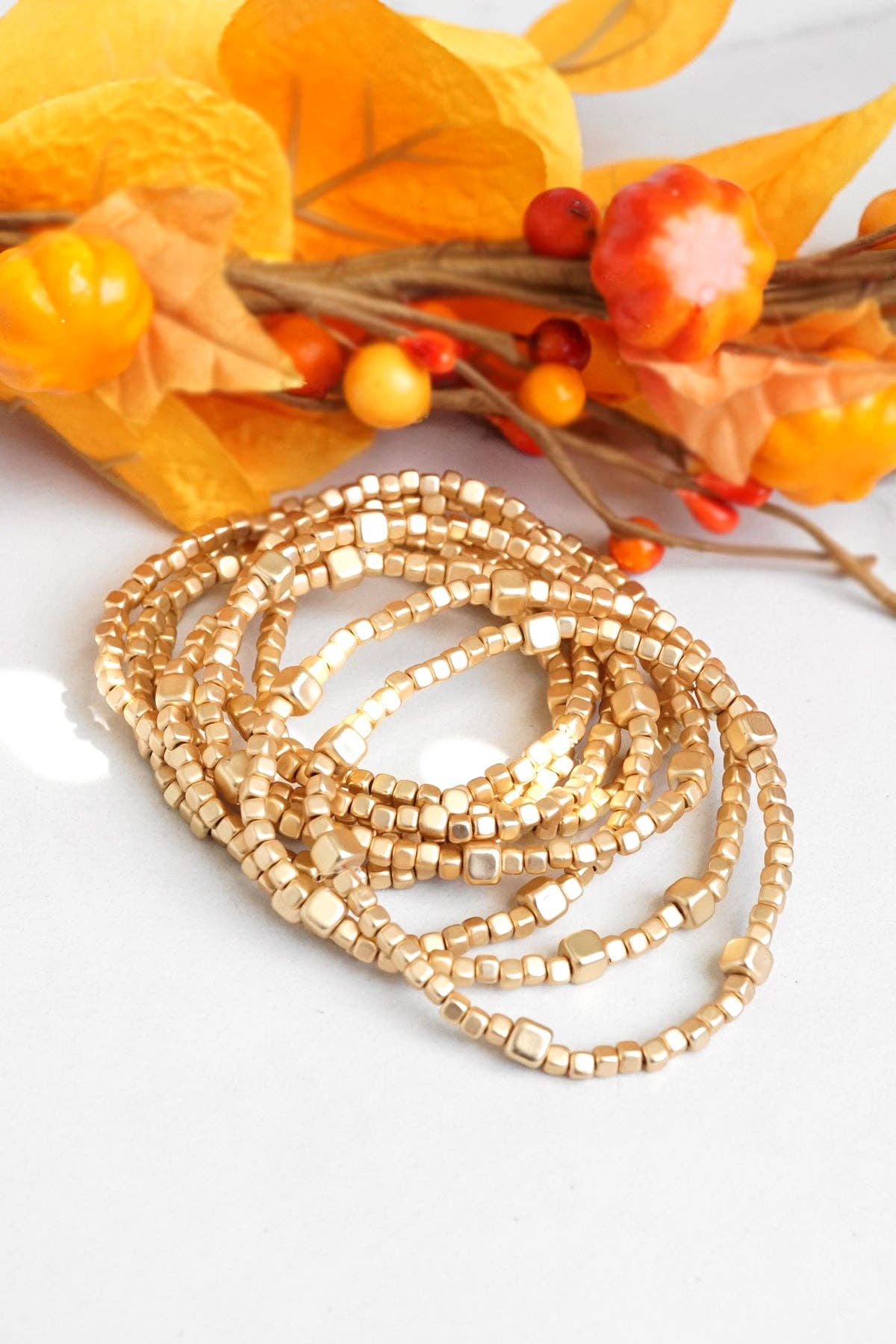 Beaded Bracelet Set Cube Beads Gold Tone