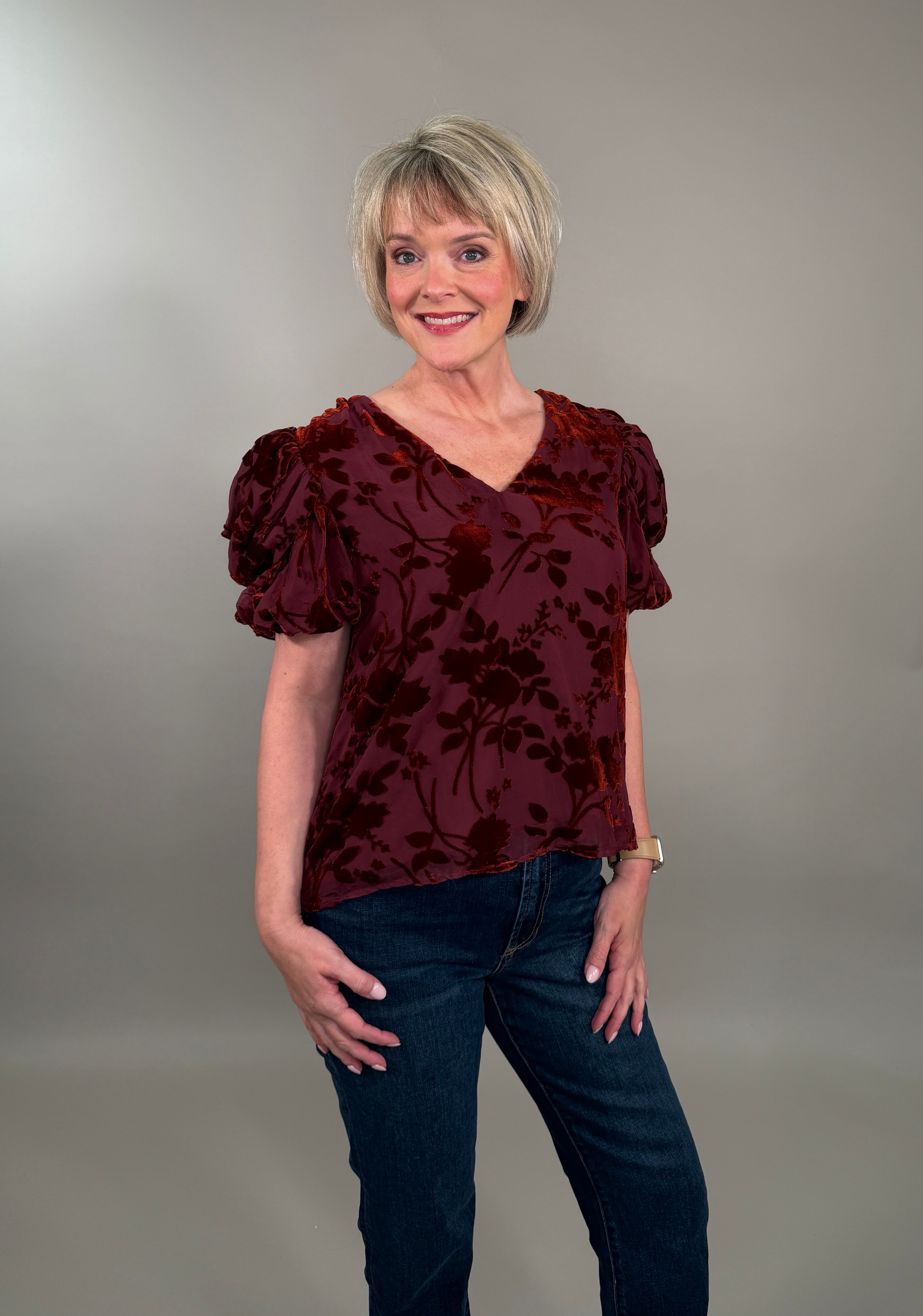 Velvet Burnout Puff Sleeve Top