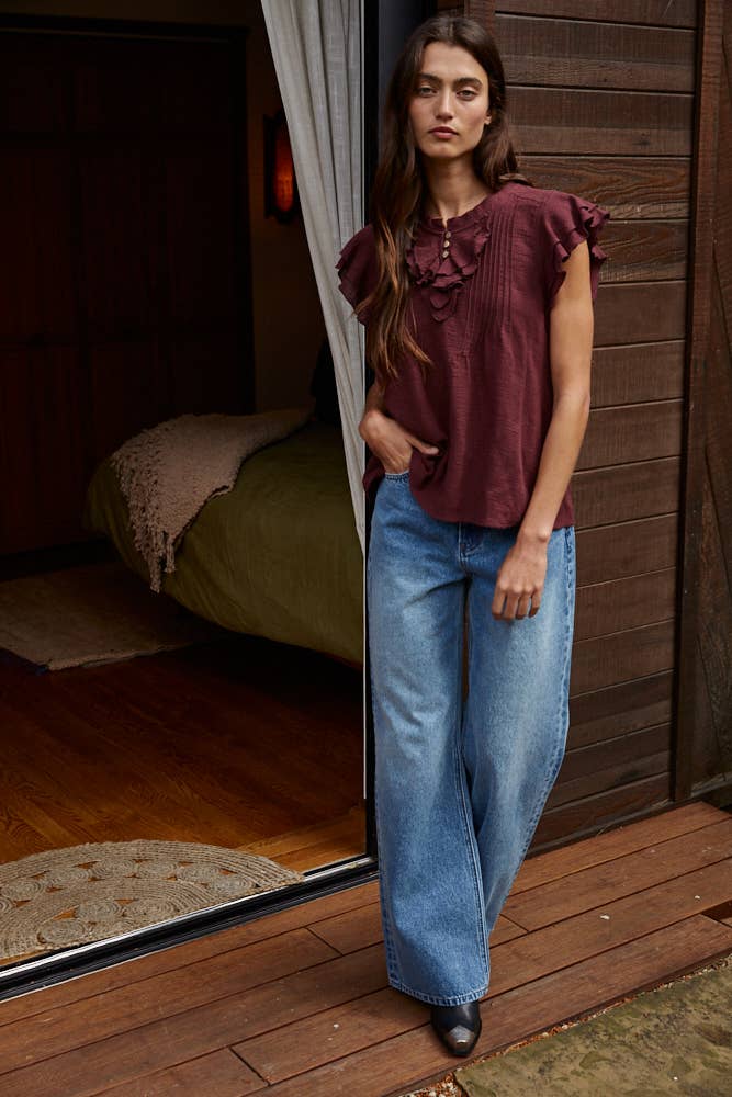 Woven Cotton Linen Button V-Neck Short Sleeve Top