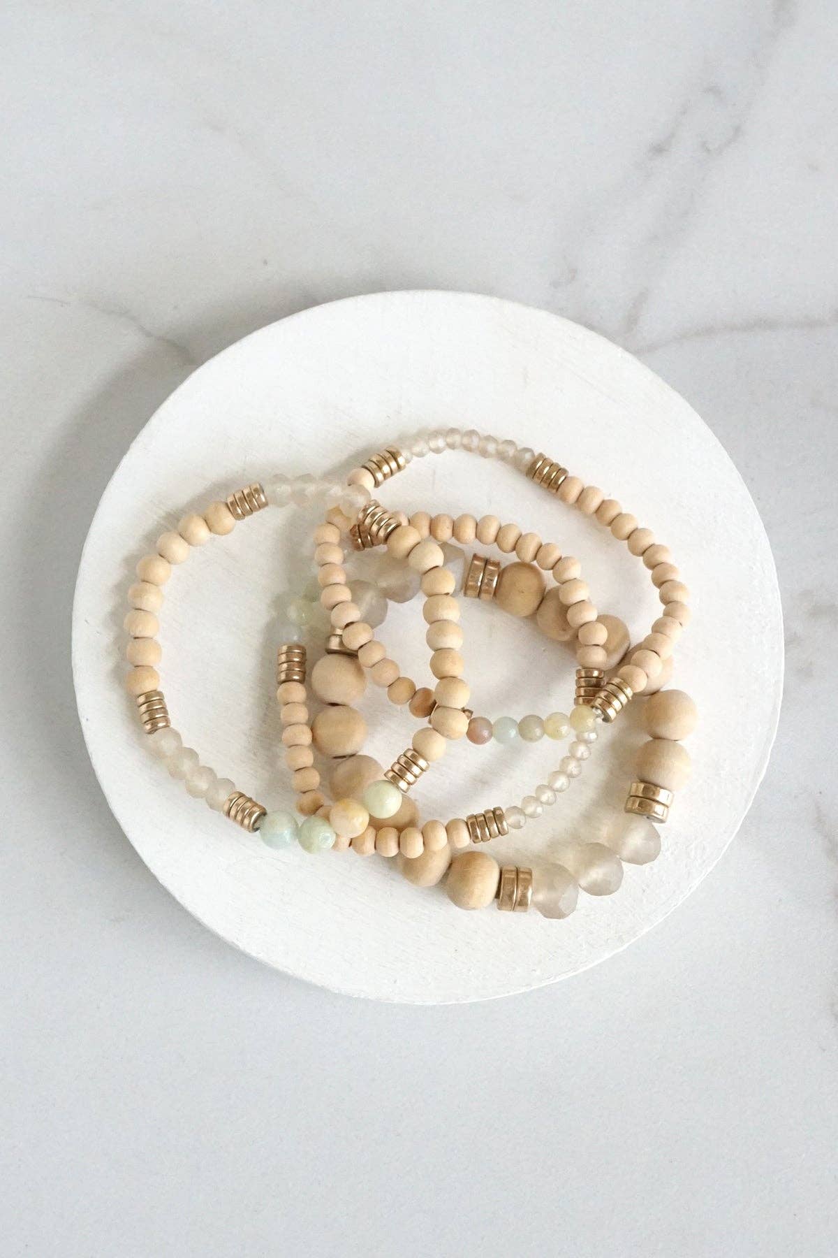 Beaded Bracelets stack of 4 piece with Natural Wood and Semi